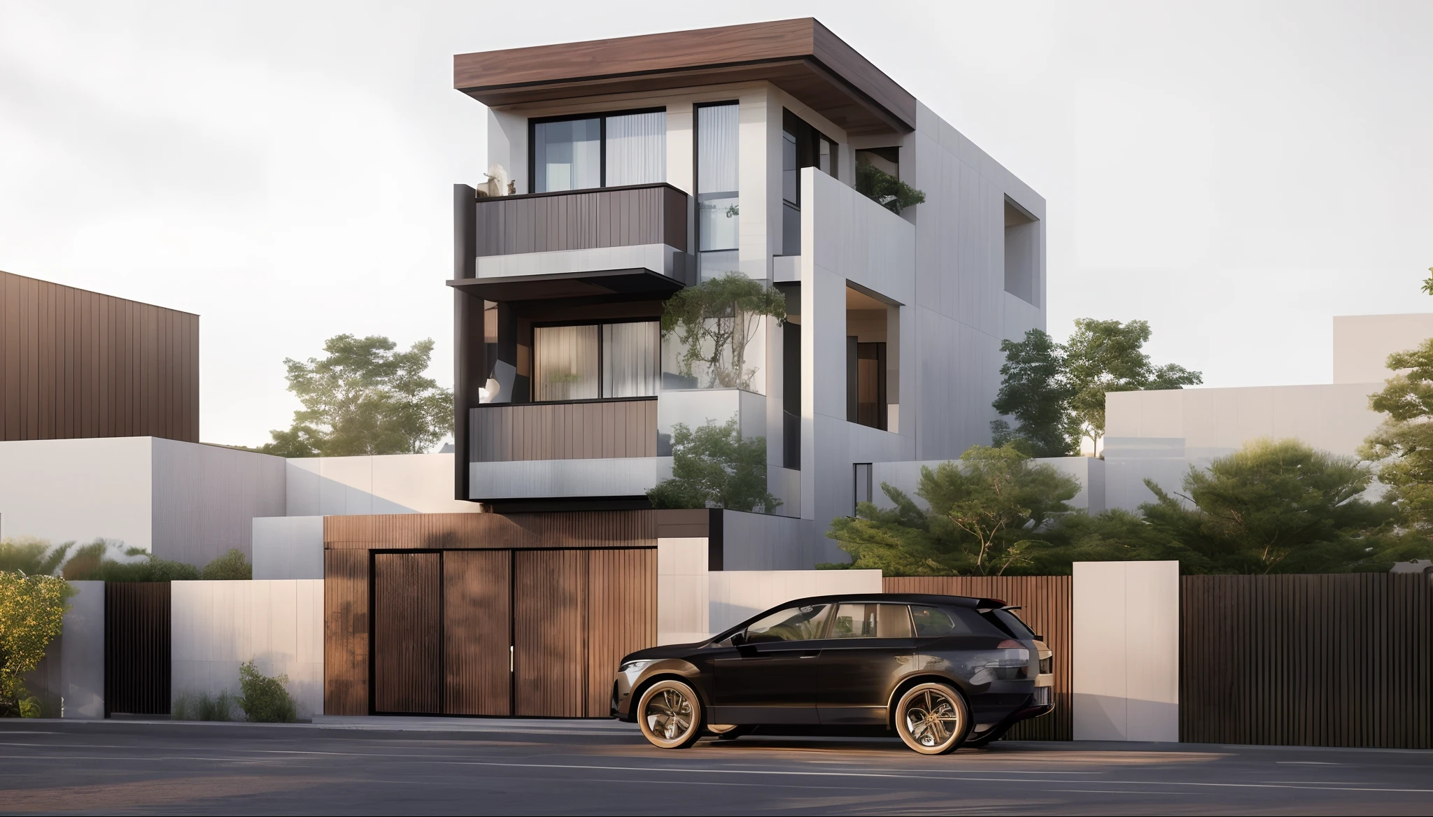 villa modern, Realistic, modernvilla,woodandbrick, exterior, daylight,balcony wooder,wooder railing,architecture,wall white, tone white, RAW photo, 8k uhd, dslr, (high detailed skin:1.3), soft lighting, ultra quality, film grain, Fujifilm XT3, sharp image, best quality, authentic, hight quality,