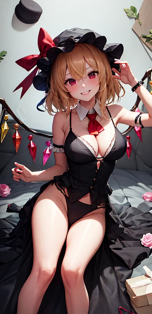 best quality, masterpiece, highres, solo, {night:1.10}, {starry sky:1.10}, beach, beautiful detailed sky, {extremely detailed background:1.20}, {flandre_scarlet_touhou:1.15}, {standing:1.10}, looking at viewer, {bikini:1.30}, blonde_hair, wings, red_eyes, crystal, bangs, hat, one_side_up, ribbon, mob_cap, bow, blush, smile, vest, white_headwear, red_vest, ascot, hair_between_eyes, red_bow, red_ribbon, upper_body, hat_ribbon, yellow_ascot, short_hair, light smile, huge , cleavag