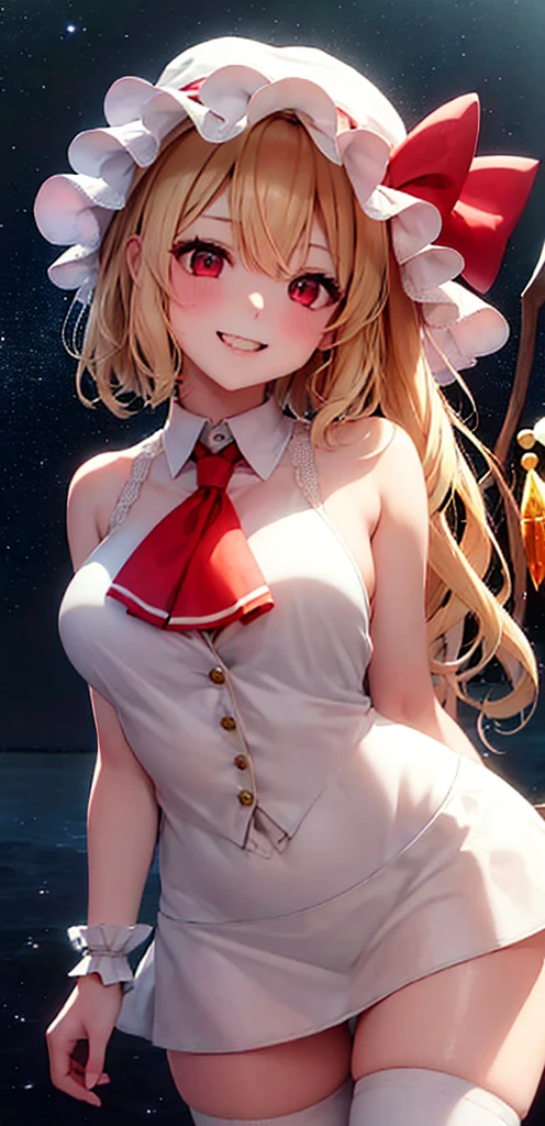 best quality, masterpiece, highres, solo, {night:1.10}, {starry sky:1.10}, beach, beautiful detailed sky, {extremely detailed background:1.20}, {flandre_scarlet_touhou:1.15}, {standing:1.10}, looking at viewer, {bikini:1.30}, blonde_hair, wings, red_eyes, crystal, bangs, hat, one_side_up, ribbon, mob_cap, bow, blush, smile, vest, white_headwear, red_vest, ascot, hair_between_eyes, red_bow, red_ribbon, upper_body, hat_ribbon, yellow_ascot, short_hair, light smile, huge breasts, cleavage