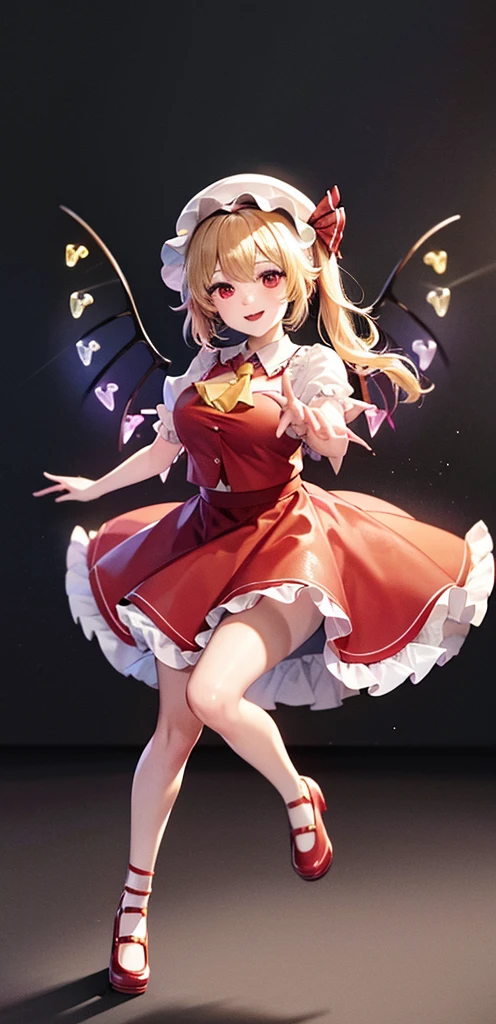 best quality, ultra high res, 1girl, solo, flandre scarlet, white soft hat, red hat bow, blonde hair, side ponytail, red eyes, shiny eyes, fang, red vest, short sleeves, puffy sleeves, yellow ascot, red frilled skirt, (crystal wings:1.2), bobby socks, mary janes, red shoes, laughing, ((evil smile)), looking at viewer, facing front, portrait, huge breasts, cleavage