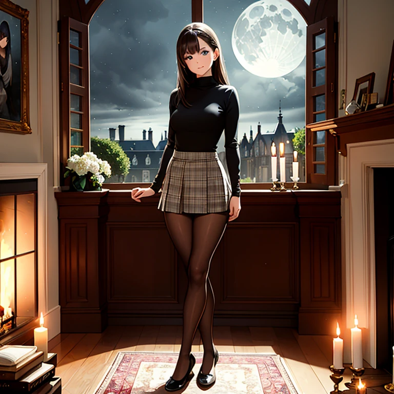 1 girl, brown hair, blue eyes, grey turtleneck, shirt, skirt, ballerina flat shoes, tights, smile, study, mansion, amazing scenery, books, candles, intricate detail, beutiful lighting, amazing decorations, masterpiece, perfect anatomy, standing, holding book, full body, mysterious, aura, stars, moon, storm clouds, rain on window, rain, fireplace, dark