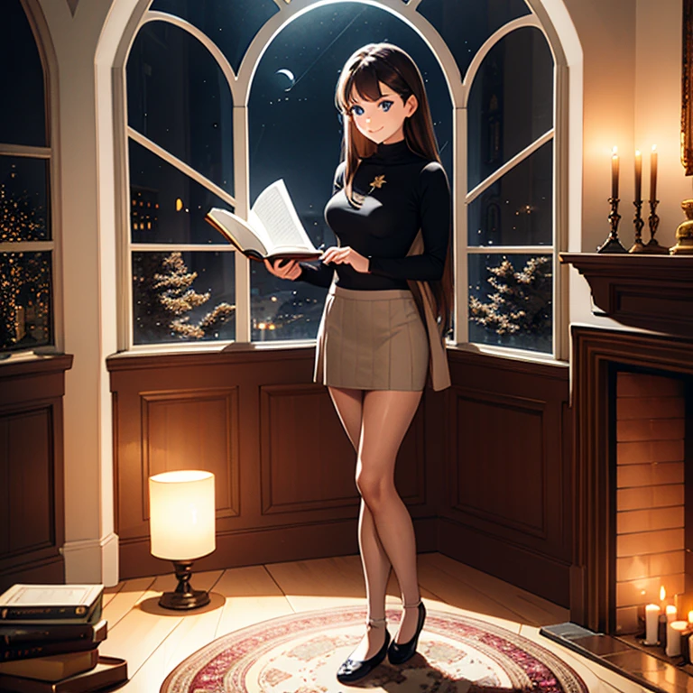 1 girl, brown hair, blue eyes, grey turtleneck, shirt, skirt, ballerina flat shoes, tights, smile, study, mansion, amazing scenery, books, candles, intricate detail, beutiful lighting, amazing decorations, masterpiece, perfect anatomy, standing, holding book, full body, mysterious, aura, stars, moon, storm clouds, rain on window, rain, fireplace, dark