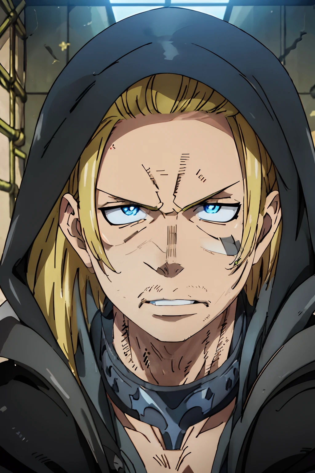 Tall blonde haired man, bright blue eyes, steel neck piece, black cloak, wrapped in a black poncho, powerful looking, neutral looking face, milf stubble, black sunglasses, powerful, scar over left eye, detailed, extremely detailed, masterpiece