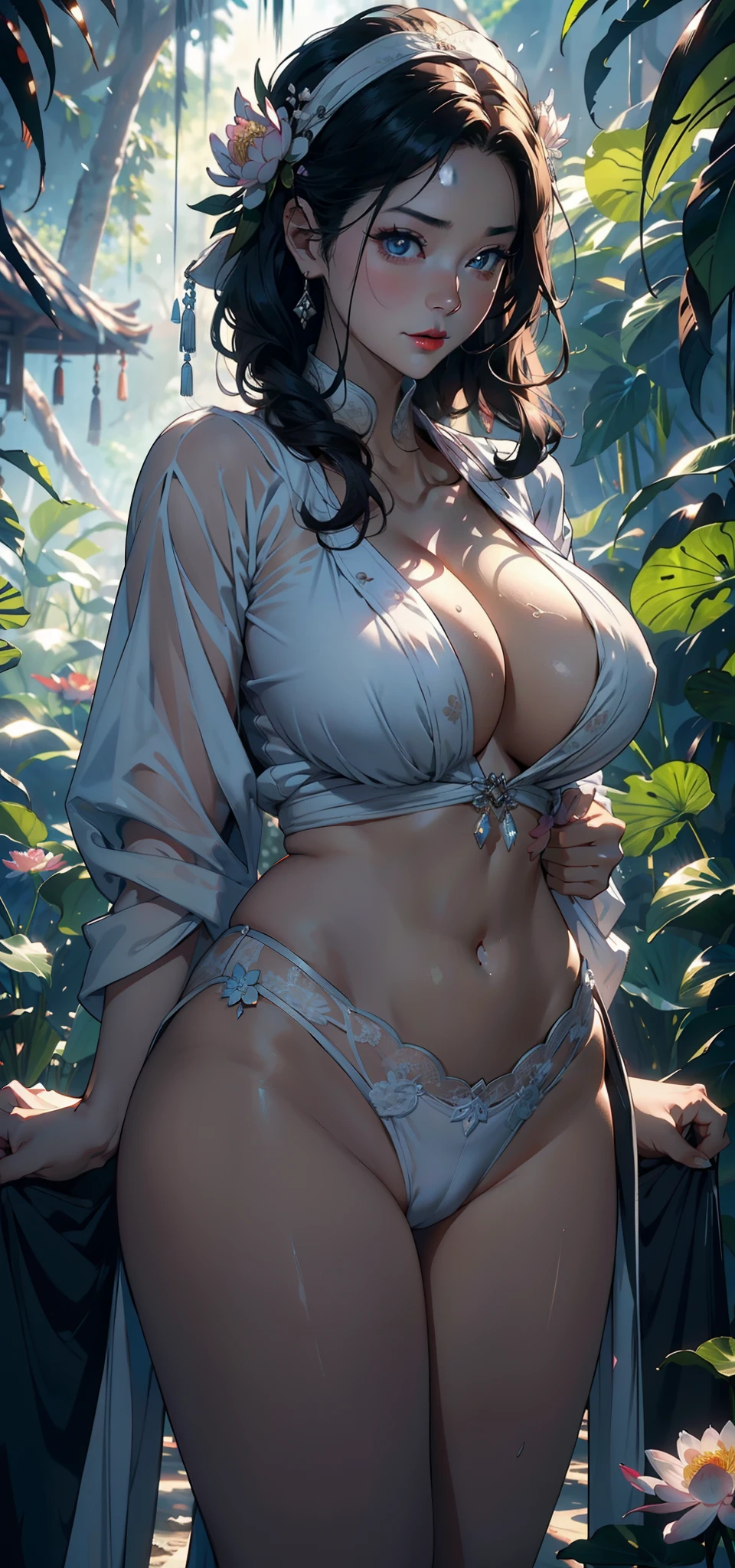 1female,45 yers old,plumw,extremely large bosom, A MILF,Married Woman,独奏,(Background with:the rainforest,lotus flower,Ground area water) She has very short black hair,bobo head,Stand deep in the forest,seen from the front, hair straight, mostly cloudy sky,(((tmasterpiece),(Very detailed CG unity 8K wallpaper),best qualtiy,cinmatic lighting,detailed back ground,beatiful detailed eyes,Bright pupils,黑The eye,Snow-whiteskin,Redlip(Very fine and beautiful),(Beautiful and detailed eye description),ultra - detailed,tmasterpiece,))facing at camera,A high resolution,ultra - detailed),extremely large bosom,A sagging breast,revealing breasts,Bare genitalia, Bulge,legs are open,Raised sexy,Camel toes,Flushed complexion,Desire for dissatisfaction,frontage,bonnet(Wearing:White color blouse,Naked of breast,nakeness,比基尼)