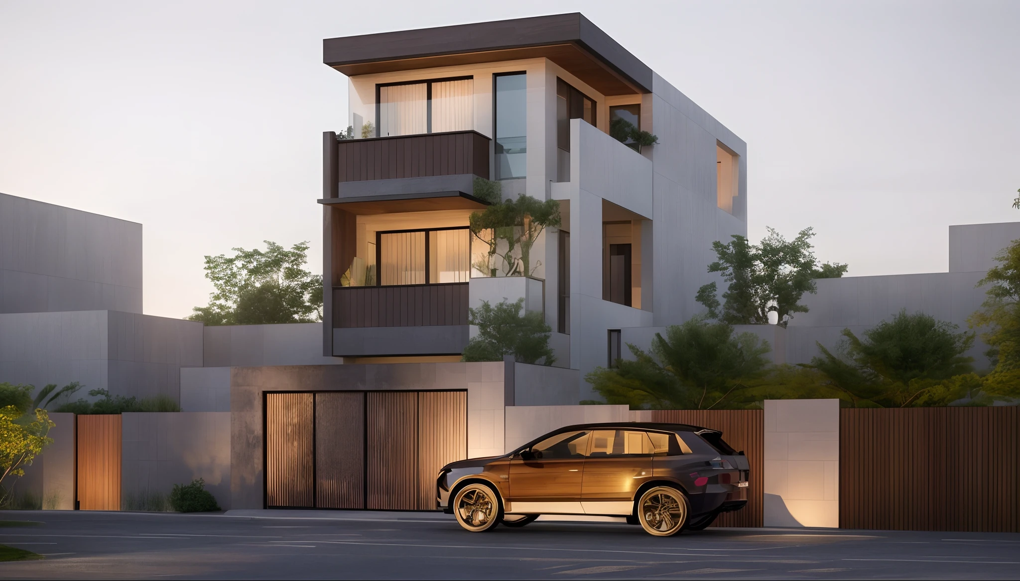villa modern, Realistic, modernvilla,woodandbrick, exterior, sunset,wooder railing,architecture,wall white, tone white, RAW photo, 8k uhd, dslr, (high detailed skin:1.3), soft lighting, ultra quality, film grain, Fujifilm XT3, sharp image, best quality, authentic, hight quality,