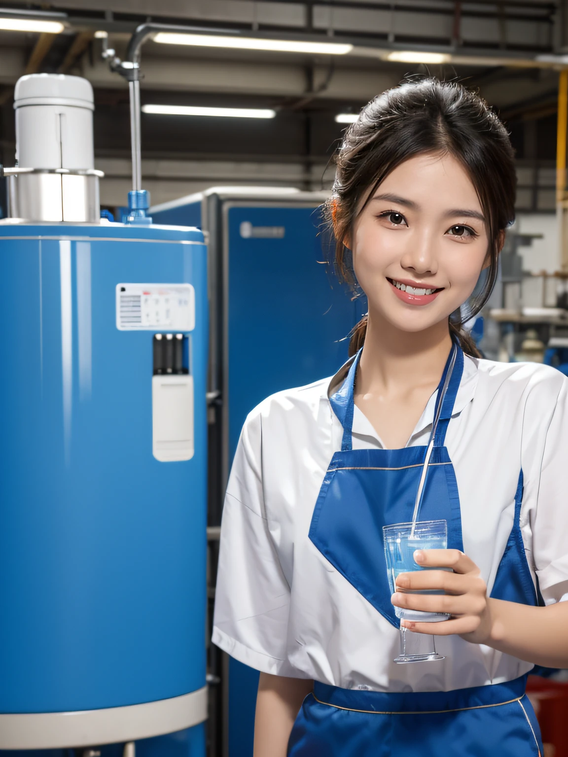 (an Asian worker, drinking water next to a water cooler in a panoramic factory workshop, smiling straight into the camera, high-res 4k image)