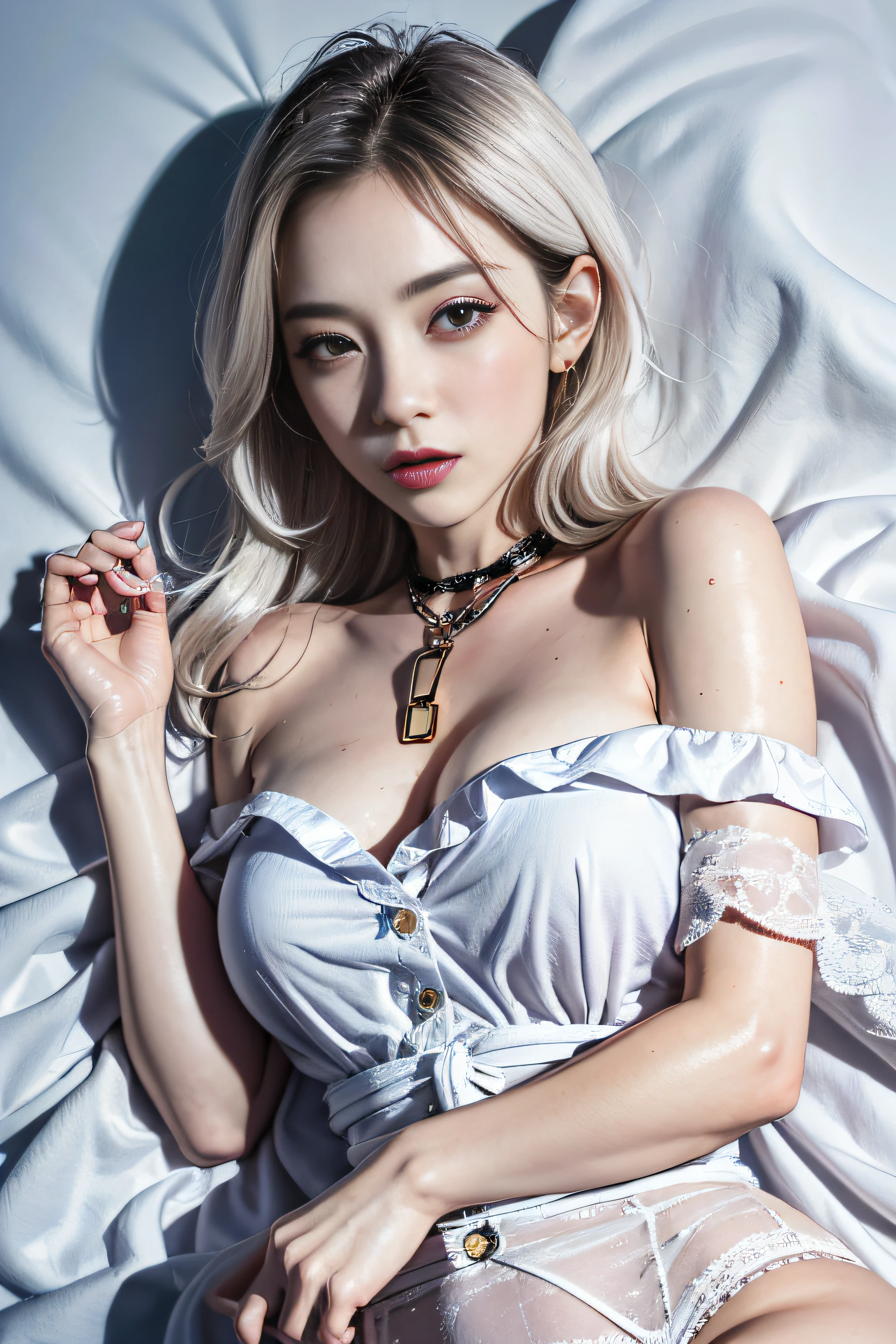 maidennurse、Bare-skinned maiden、Viscous clear liquid、(Lie face up)、Hands separated by chains、strife、（(Off-shoulder translucent white blouse))、(Loose dark blue tie)、((Translucent wet white panties))、Silver-white hair、(blue eyess)、（Full Body Angle）、