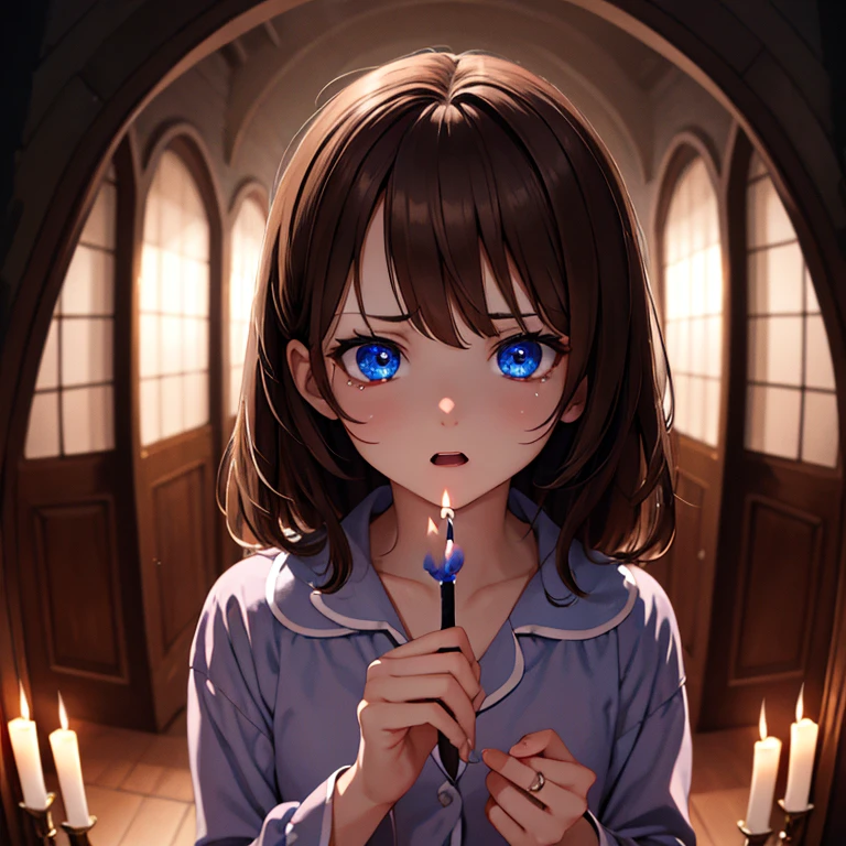 1 woman, brown hair, blue eyes, cute pajamas, holding candle, flower shaped pupils, scared expression, tears, dark, dark hall way, horror, scary, beutiful lighting, intricate detail, perfect anatomy, masterpiece, 8k