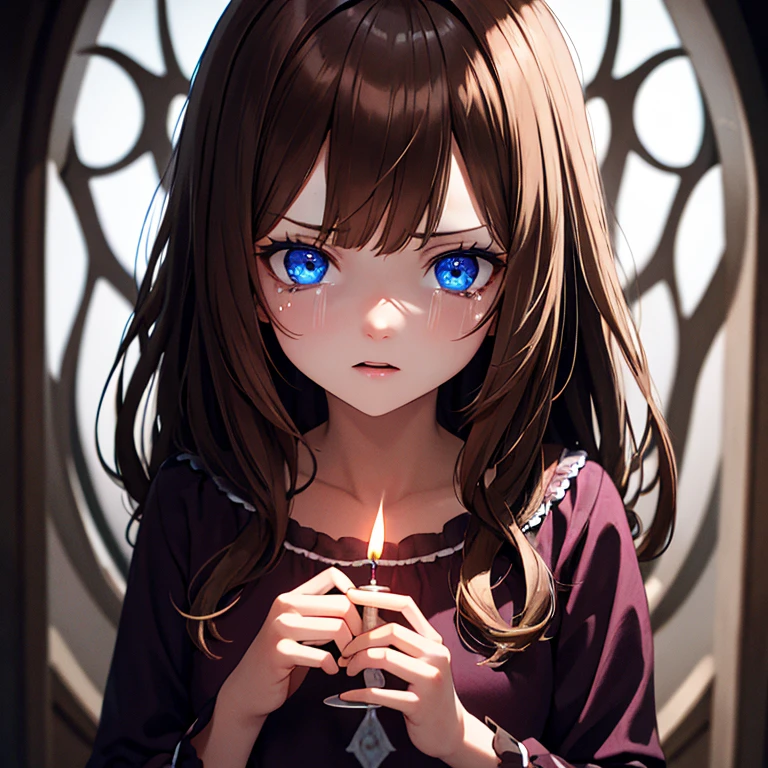 1 woman, brown hair, blue eyes, cute pajamas, holding candle, flower shaped pupils, scared expression, tears, dark, dark hall way, horror, scary, beutiful lighting, intricate detail, perfect anatomy, masterpiece, 8k