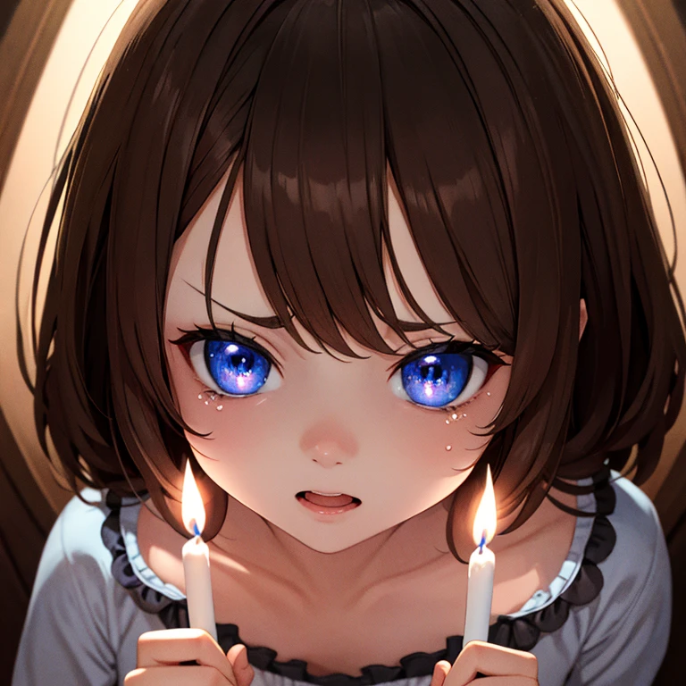 1 woman, brown hair, blue eyes, cute pajamas, holding candle, flower shaped pupils, scared expression, tears, dark, dark hall way, horror, scary, beutiful lighting, intricate detail, perfect anatomy, masterpiece, 8k