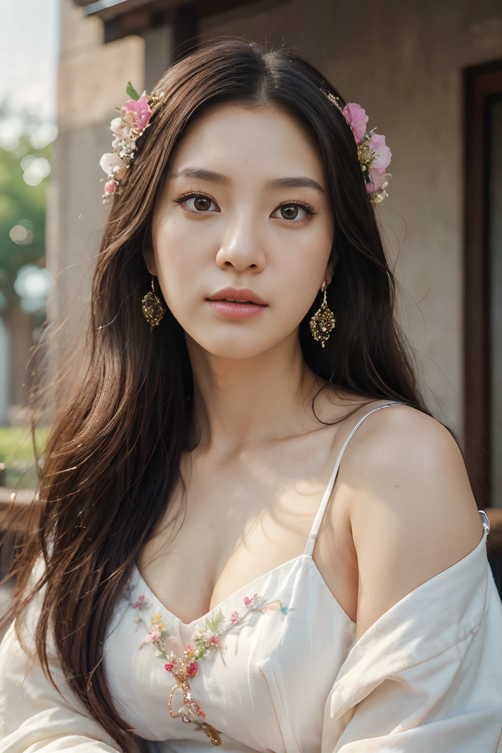 ((Portrait Photography)), octane render, hdr, (hyperdetailed:1.15), (soft light, sharp:1.2), 1girl, korean, beautiful korean girl, ultra detailed eyes, young, long colored hair, handbook, ultra detailed texture handbook, (korean hair ornaments, earrings, flowers hair ornaments), outdoors, Vivid colors, 16k, UHD, HDR10, (Masterpiece:1.5), Absurdres, (best quality:1.5), skm_seoye