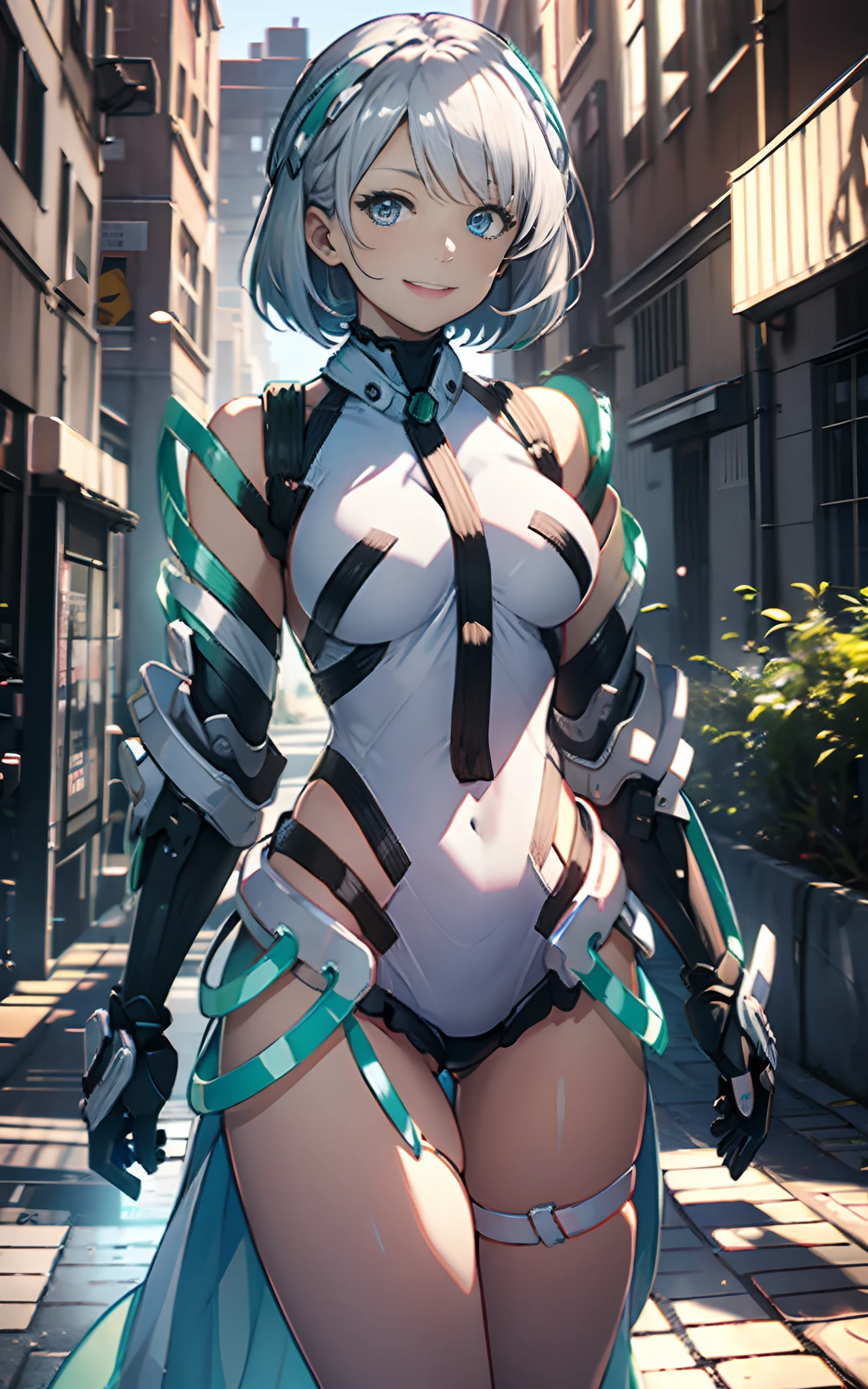 light smile, deva battle suit, outdoors, silver hair, bobhair, blue eyes, waistshot