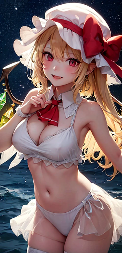 best quality, masterpiece, highres, solo, {night:1.10}, {starry sky:1.10}, beach, beautiful detailed sky, {extremely detailed background:1.20}, {flandre_scarlet_touhou:1.15}, {standing:1.10}, looking at viewer, {bikini:1.30}, blonde_hair, wings, red_eyes, crystal, bangs, hat, one_side_up, ribbon, mob_cap, bow, blush, smile, vest, white_headwear, red_vest, ascot, hair_between_eyes, red_bow, red_ribbon, upper_body, hat_ribbon, yellow_ascot, short_hair, light smile, huge breasts, cleavage