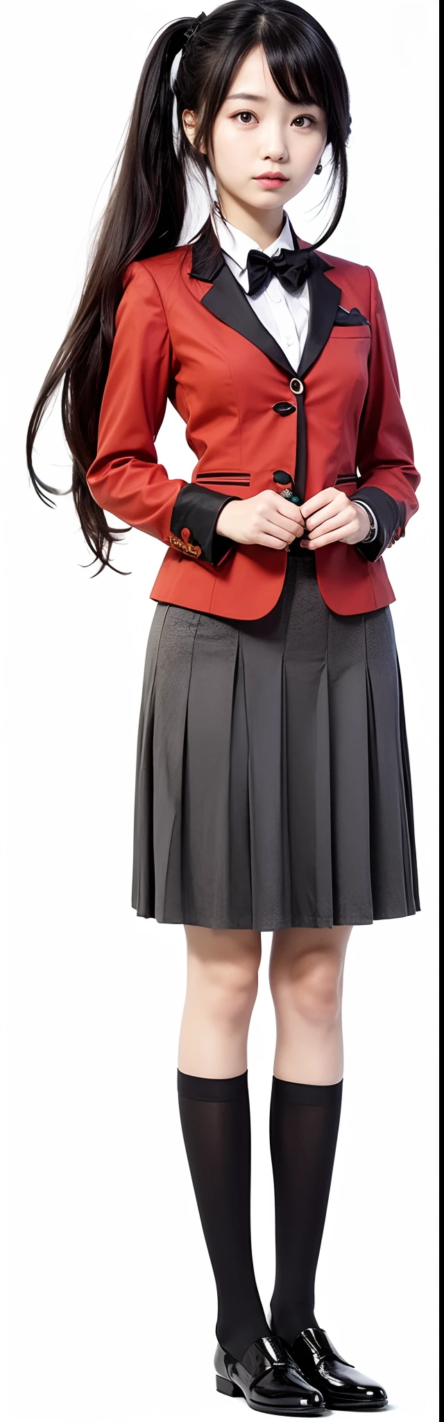 Girl with black eyes, long black hair, red top, black skirt, black stockings,brown shoes。