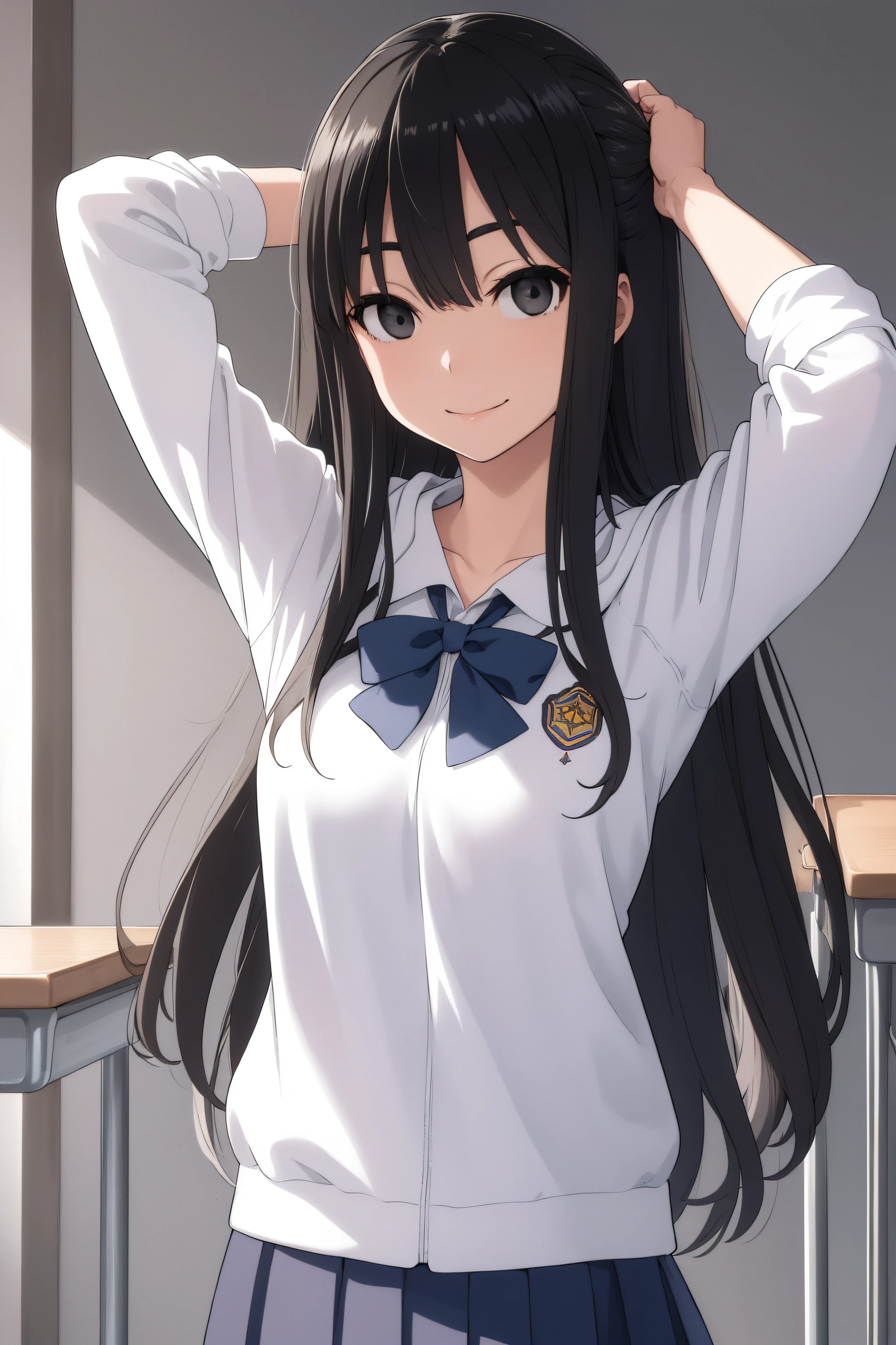 sakiyoshida, saki yoshida, long hair, hair between eyes, (black eyes:1.5), black hair,
BREAK school uniform, hoodie, bow, skirt,
BREAK indoors, classroom,
BREAK looking at viewer, (cowboy shot:1.5),armpits,arm up,seductive smile, 
BREAK (masterpiece:1.2), best quality, high resolution, unity 8k wallpaper, (illustration:0.8), (beautiful detailed eyes:1.6), extremely detailed face, perfect lighting, extremely detailed CG, (perfect hands, perfect anatomy),