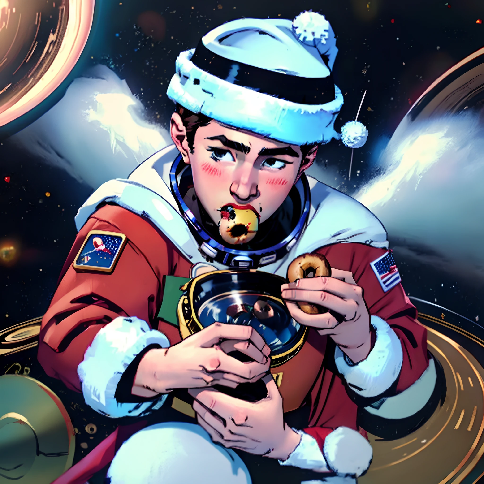 animated astronaut on Saturn eating a doughnut wearing a santa hat