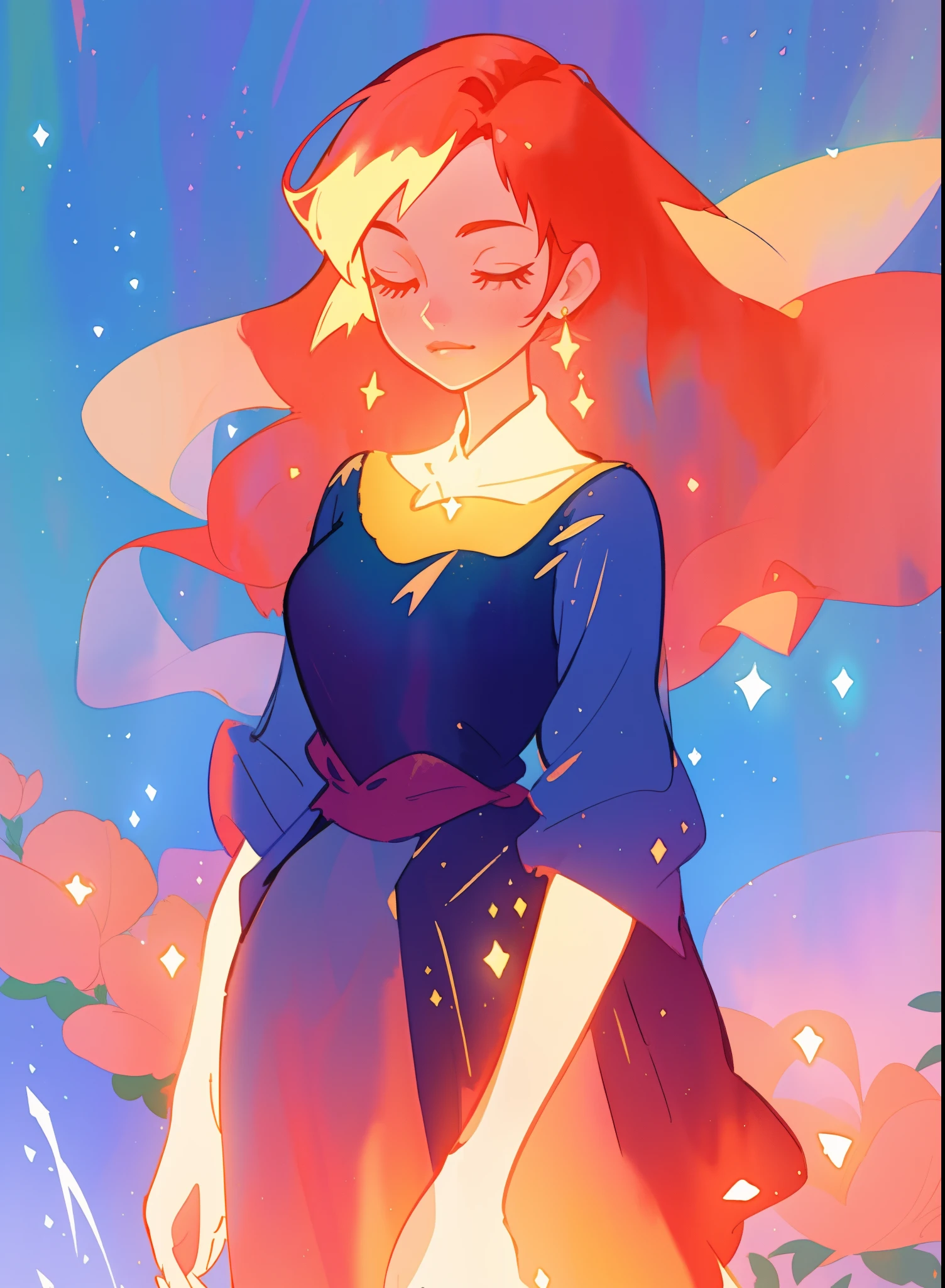 beautiful girl in gradient medieval style dress, long sparkling gold and red hair, colorful fantasia background, watercolor illustration, disney art style, glowing aura around her, glowing lights, beautiful digital illustration, fantasia otherworldly landscape plants flowers, beautiful, masterpiece, best quality, anime disney style