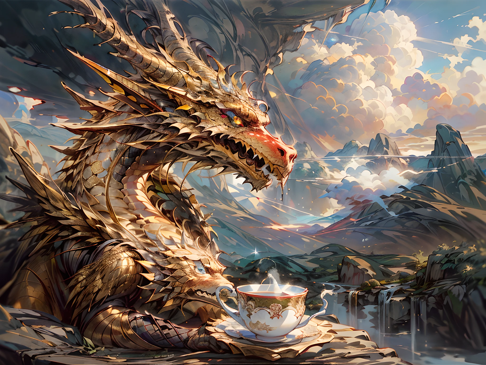 a picture of a gold dragon sitting on a massive rock , (holding a tea cup: 1.3), (drinking hot tea from a porcelain tea cup: 1.5) (best details, Masterpiece, best quality :1.5), dragon_real cloudy skies background, an epic gold dragon (best details, Masterpiece, best quality :1.5) extremely detailed dragon,  horns, dragon_wings, dragon wings wide spread, ultra detailed face,  the tea cup is majestic, with intricate decorations  (best details, Masterpiece, best quality :1.3), steam rising from the tea cup, birds view, sun rays, red divine rays, sun rays reflected in clouds (best details, Masterpiece, best quality :1.5), sense of serenity sense of awe majestic atmosphere, ultra best realistic, best details, best quality, 16k, [ultra detailed], masterpiece, best quality, (extremely detailed), ultra wide shot, photorealism, depth of field, hyper realistic painting,