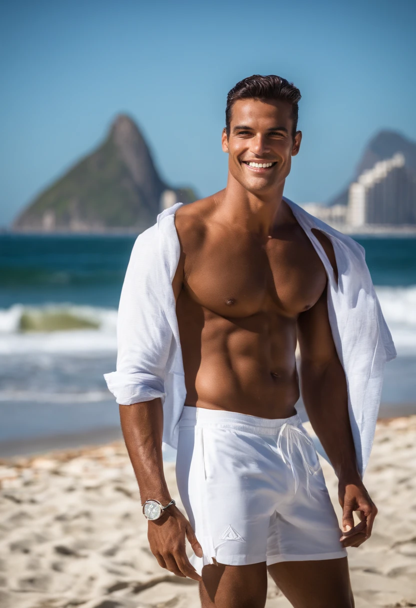Describe an attractive man alone on the beach in Rio de Janeiro, his body, which is tanned and sculpted, is in a perfect light that highlights his flawless appearance, with no defects on his limbs. His well-defined muscles accentuate his confident posture, and his tanned skin shines in the sun. His face displays attractive features and a captivating smile. He enjoys the beach with grace and charm, personifying the healthy and relaxed lifestyle characteristic of Rio's beaches, 8k, cinematic ilumination.