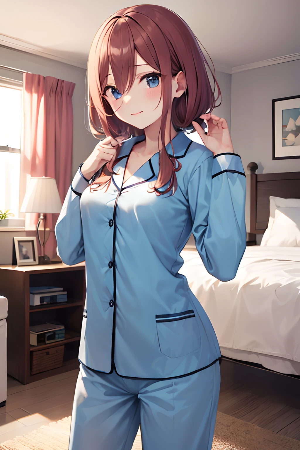 masutepiece, Best Quality, hight resolution, NM1, ,Wear blue pajamas, long-sleeve, Cowboy Shot, Standing, Apartment Room, Indoor