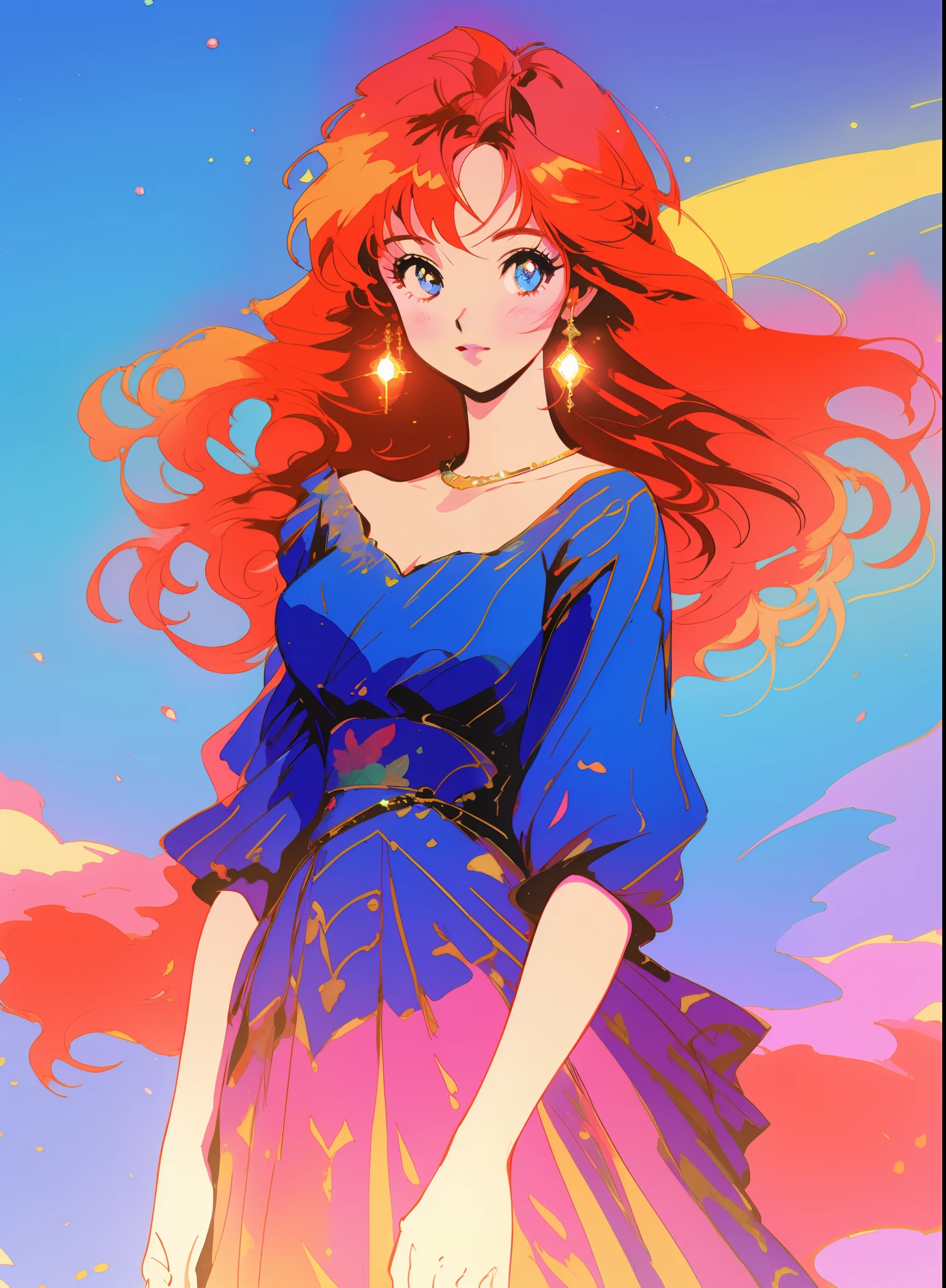 beautiful girl in gradient medieval style dress, long sparkling gold and red hair, colorful fantasia background, watercolor illustration, disney art style, glowing aura around her, glowing lights, beautiful digital illustration, fantasia otherworldly landscape plants flowers, beautiful, masterpiece, best quality, anime disney style