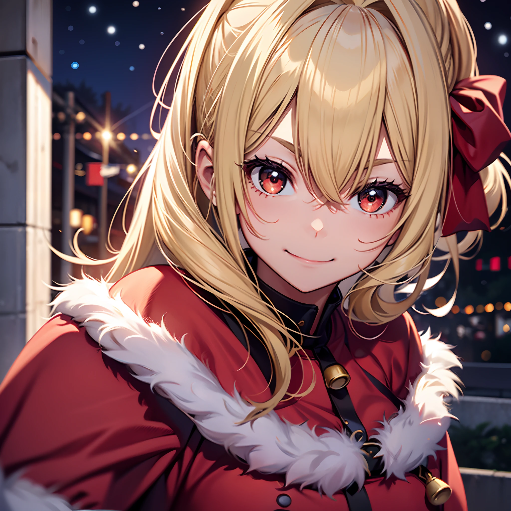18 year old girl, Wearing a Santa costume、Blonde ponytail、Ahoge、big round red eyes、A slight smil、Laugh、small tits、Realistic painting in every detail, Christmas Outdoors、delicate detail、facial close-up