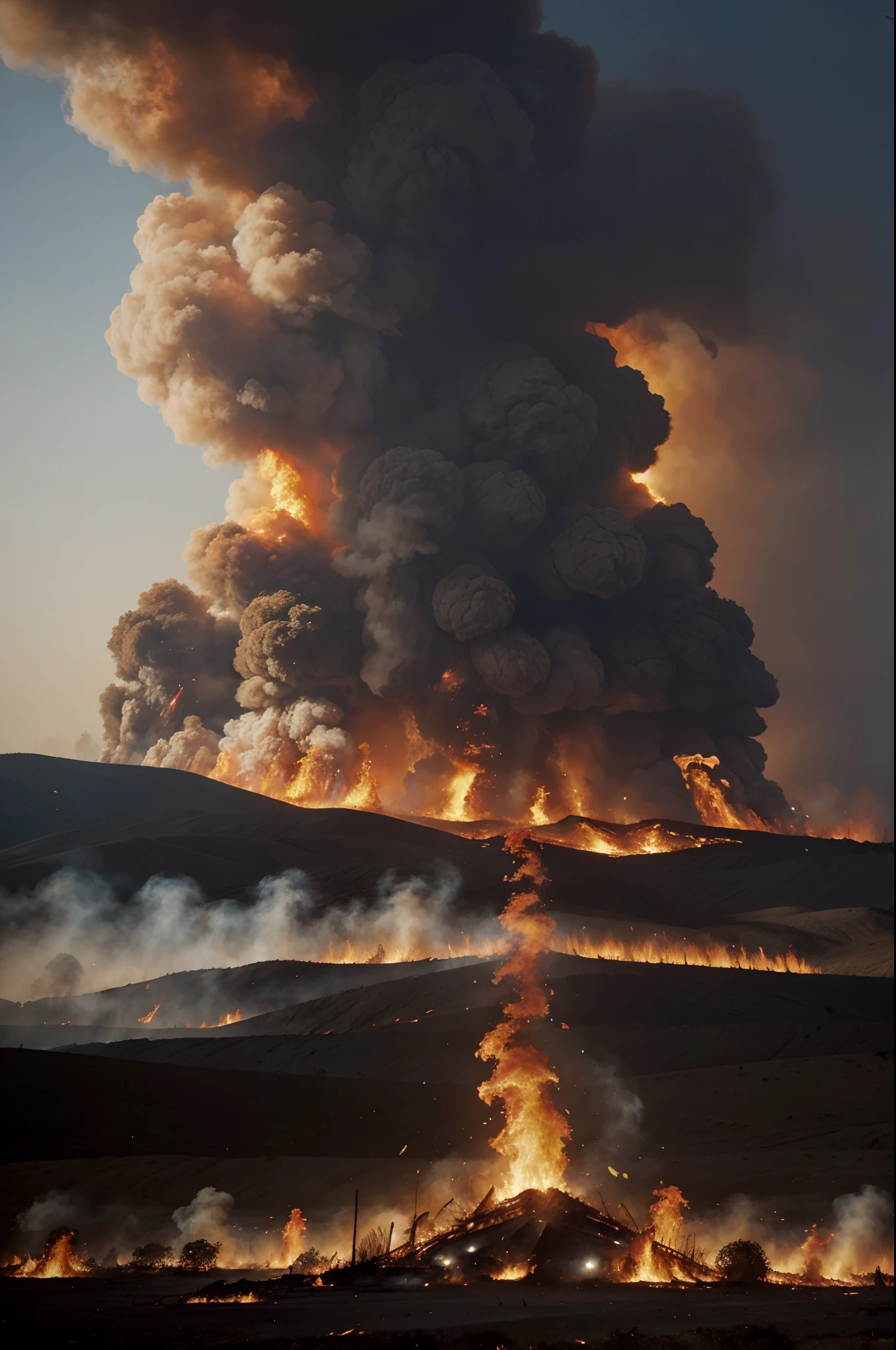 A battlefield, where many soldiers are fighting, the battlefield is full of brown grass and light fog, there are small fires burning around, air war helicopters and jets are flying.