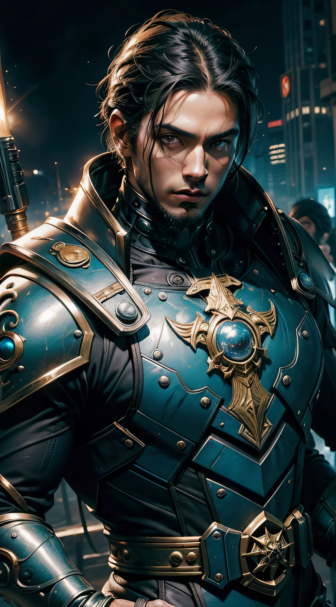 Um cavaleiro Homem (illustration detailed: 1.3) (corpo inteiro: 1.3) Photo in 8K resolution, splash art, fantastic comic book style, foto ultra realista, visual intenso, anatomical photorealistic digital painting, retrato de um homem (homem: 1.3), humano (guerreiro: 1.3) em preto e dourado, (armadura pesada: 1.3) em um (universo sombrio: 1.3), light particle, pele muito detalhada, guerreiro, olhos muito detalhados (estilo anel antigo: 1.3), ( estilo warhammer:1.1), artista conceitual, global ilumination, profundidade de campo, splash art, criar fundo cyberpunk, (((homem identico ao da foto original)))