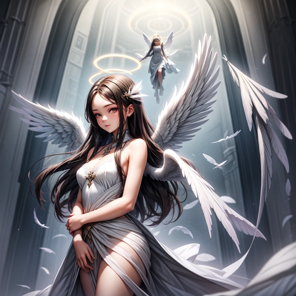 Beautiful angel in white dress, art station chengwei, halo, white feathers