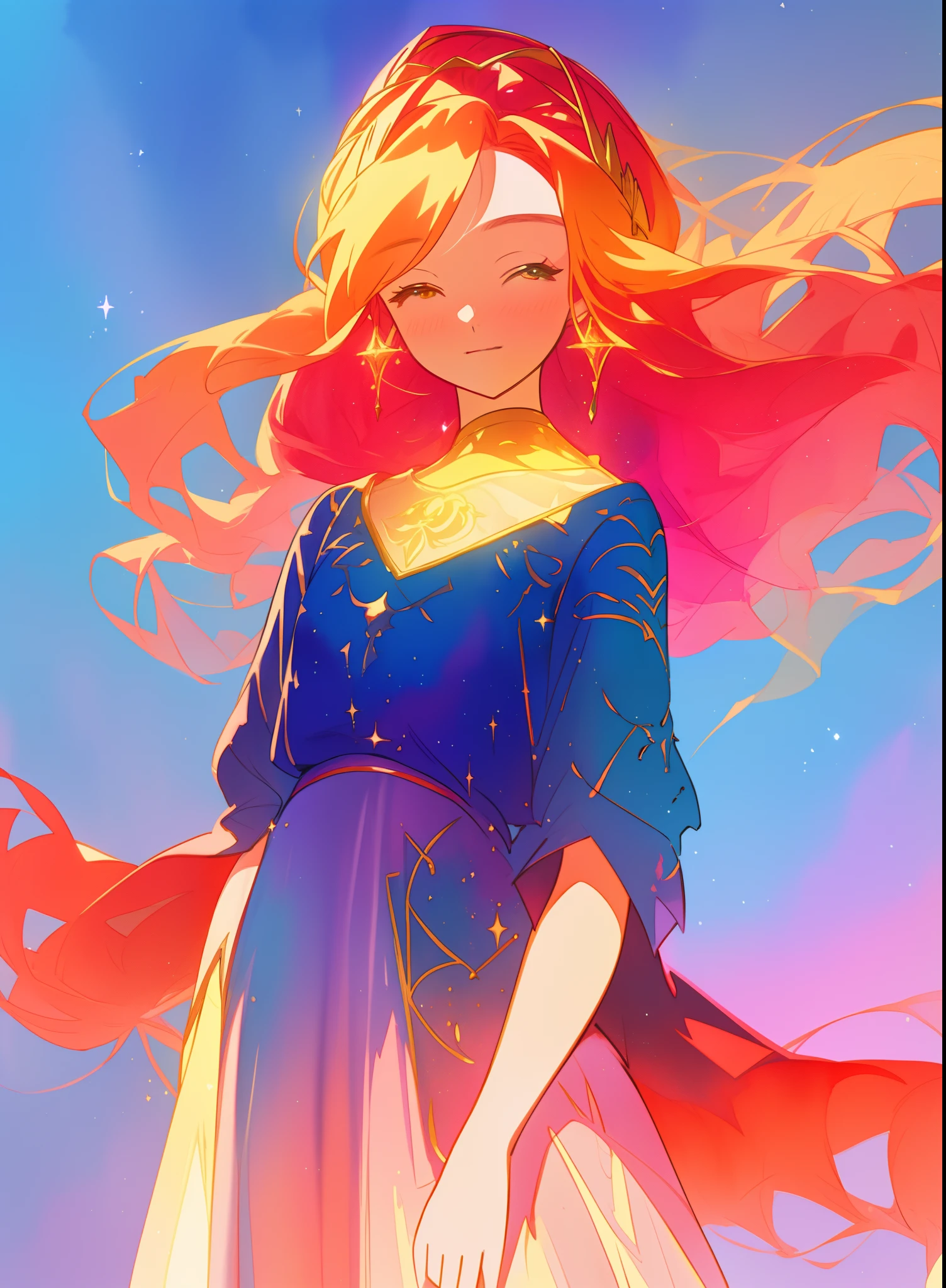 beautiful girl in gradient medieval style dress, long sparkling gold and red hair, colorful fantasia background, watercolor illustration, disney art style, glowing aura around her, glowing lights, beautiful digital illustration, fantasia otherworldly landscape plants flowers, beautiful, masterpiece, best quality, anime disney style