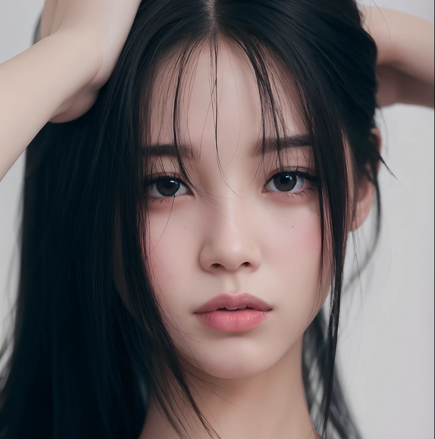 Un primer plano de una mujer con el pelo largo y negro sosteniendo su cabeza, Chica coreana, Hermosa mujer surcoreana, Rasgos de la cara coreana, Blackpink Jennie, Joven y adorable rostro coreano, Wan adorable cara coreana, young cute wan asian face, Hermosa joven coreana, con cara redonda, south east asian with round face, ulzzang, Mujer coreana, Hermosa joven coreana