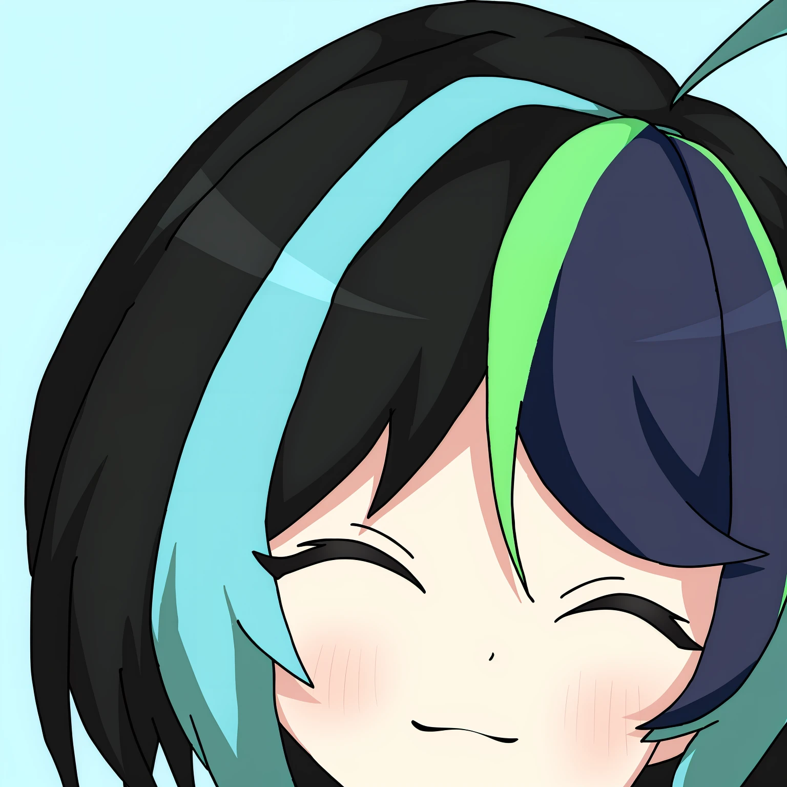 Anime girl with blue and green hair and black and white shirt, 2 d anime style, hatsune miku short hair, [[[[grinning evily]]]], Mikudayo, anime moe art style, demon slayer rui fanart, Cute anime face, 2 D Anime, In an anime style, she has a cute expressive face