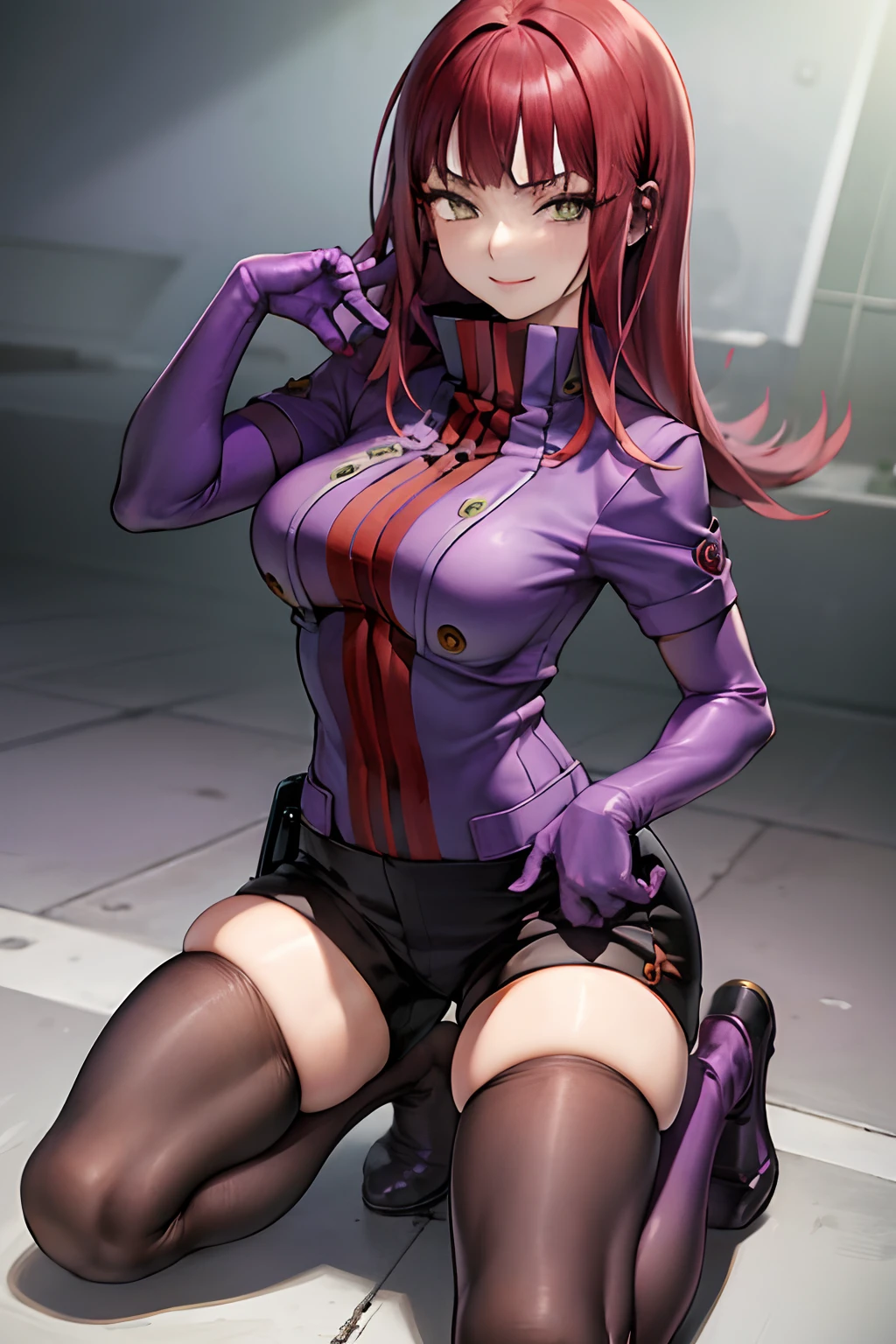 masutepiece, Best Quality, absurderes, Perfect Anatomy, 1girl in, Solo, Yoko Katori, Long hair, purple thighhighs, elbow groves, Purple gloves, Black shorts, uniform, thigh holster, Kneeling, Smile,