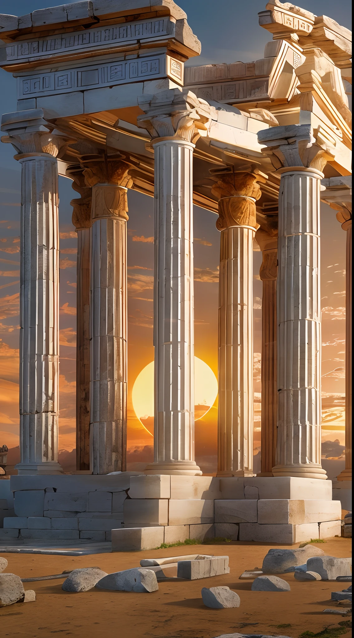 8k,、top-quality、hight resolution, 逼真、Ancient Greek image with the Temple of Athena as an example、the setting sun