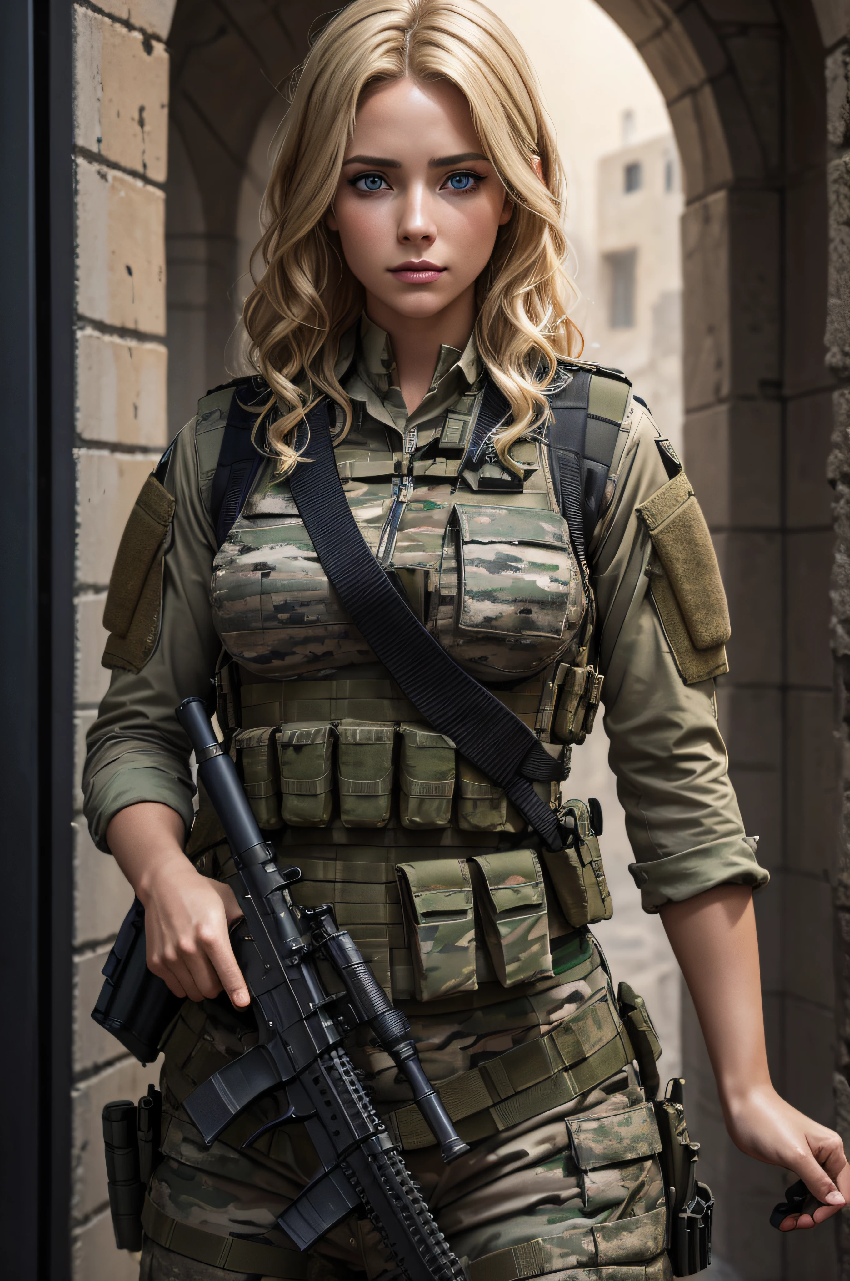 Cinematic battlefield in a ruin city, a ultra-detailed hyper realistic photography of a beautiful 25 years old Israeli soldier woman, (blonde hair with extra long wavy), blue eyes, Israeli aesthetics, short hair, night, curvy, beautiful curves, army aesthetics, special forces outfit, high emphasis on detail, style Semi Impasto, matte painting, atmospheric, glowing, dramatic lighting, beautiful eyes, symmetric eyed, perfect eyes, by Magali Villeneuve, wet, moist, reflection, (masterpiece) ( Perfect proportions) (realistic photos) (highest quality) (detail) shot taken by Canon EOS R5, 50mm lens, f/2.8, HDR, (6k) (wallpaper) (movie lighting) (dramatic lighting) (sharp focus) (complex) fashion, special forces, captain, Israeli military, armed with 2 pistols, in combat, realistic uniform, multicam, fit, chest protection, united states military, camouflaged, multicam, Israeli patter, bulletproof vest, covered skin, bullet rpoof vest, vest, weapon, gun, m4a1, m4a1 sopmod, special forces,