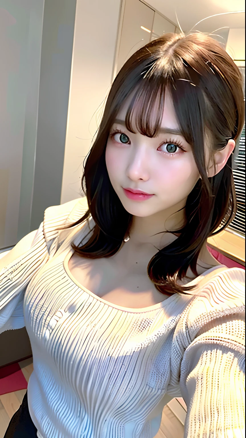 (Best quality, 8k, 32k, Masterpiece, UHD:1.2),Photo of Pretty Japanese woman, large breasts, bob hair,upper body,face focus,(sweater,:1.1) selfie, in my room