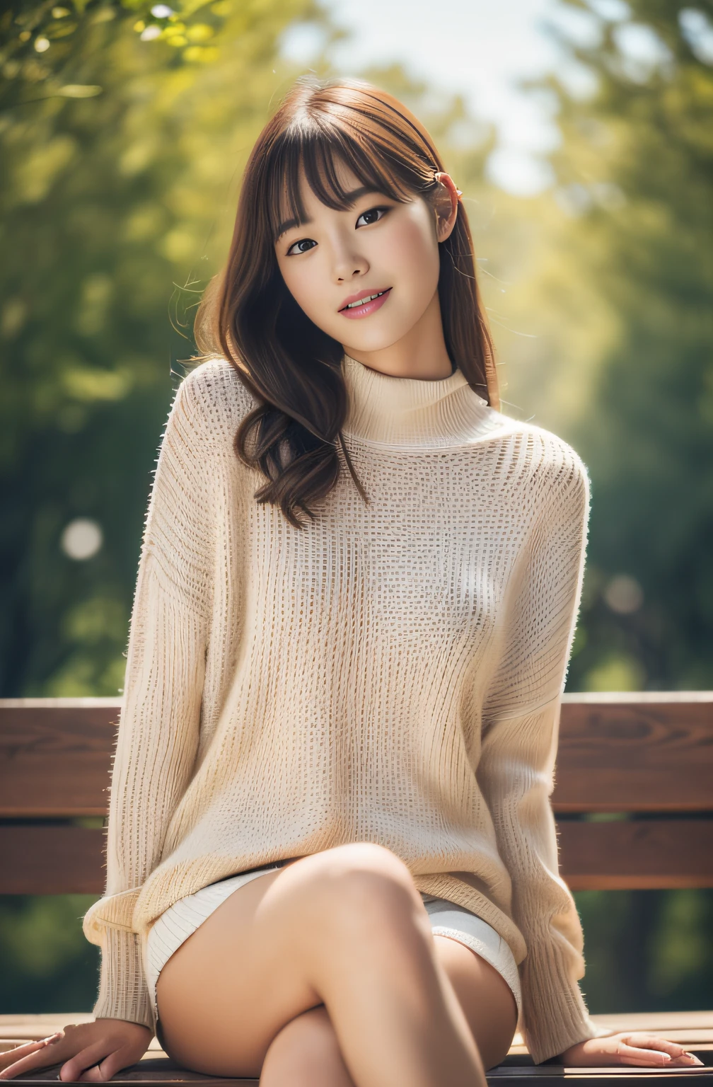 A woman sitting on a bench in a white sweater - SeaArt AI