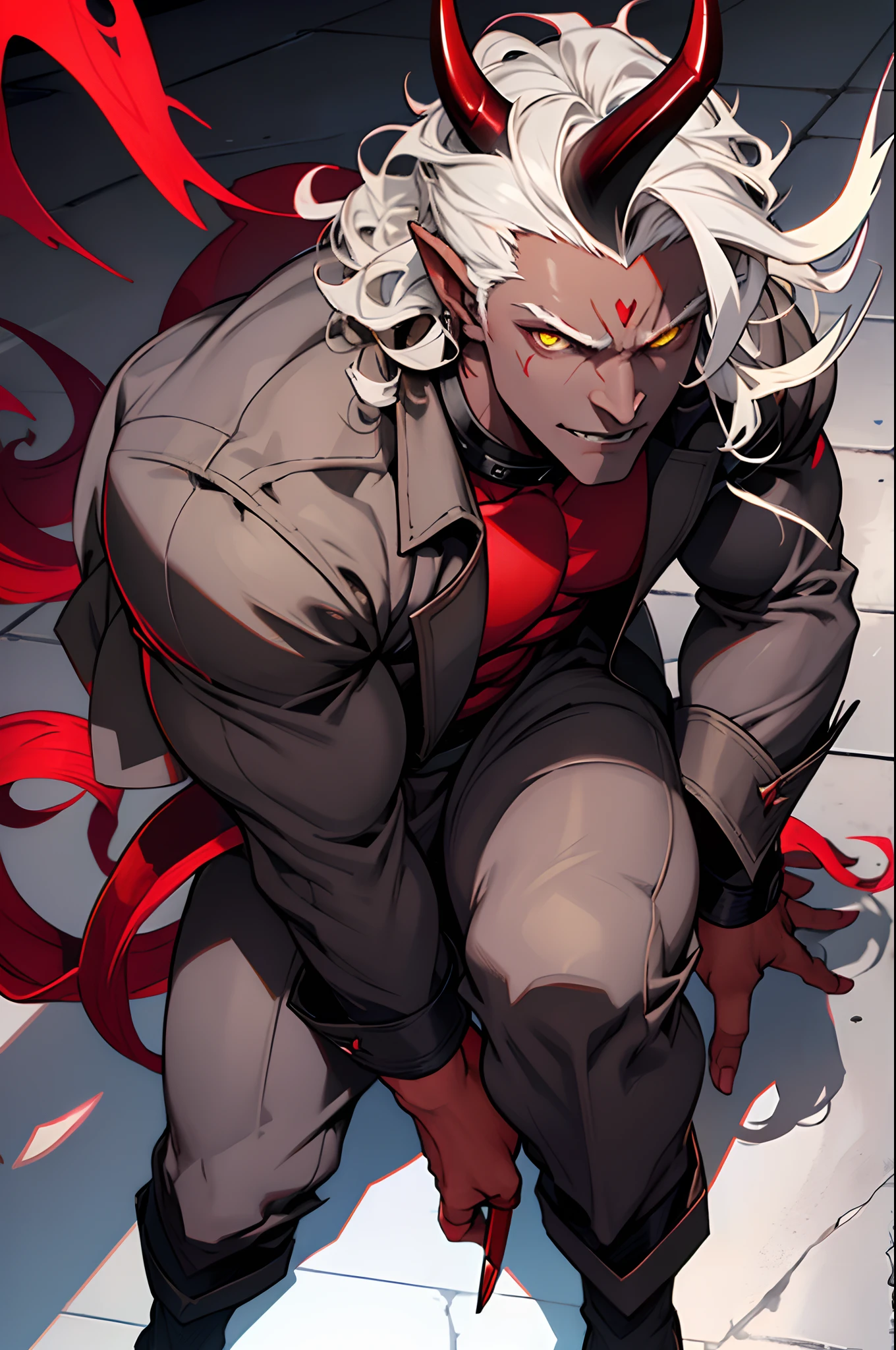 The Man with the Gray Skin, demon, A devil with horns and curls that grow out of his forehead, red skin, Yellow eyes, tiefling, Devil's Tail, Gray skin color.