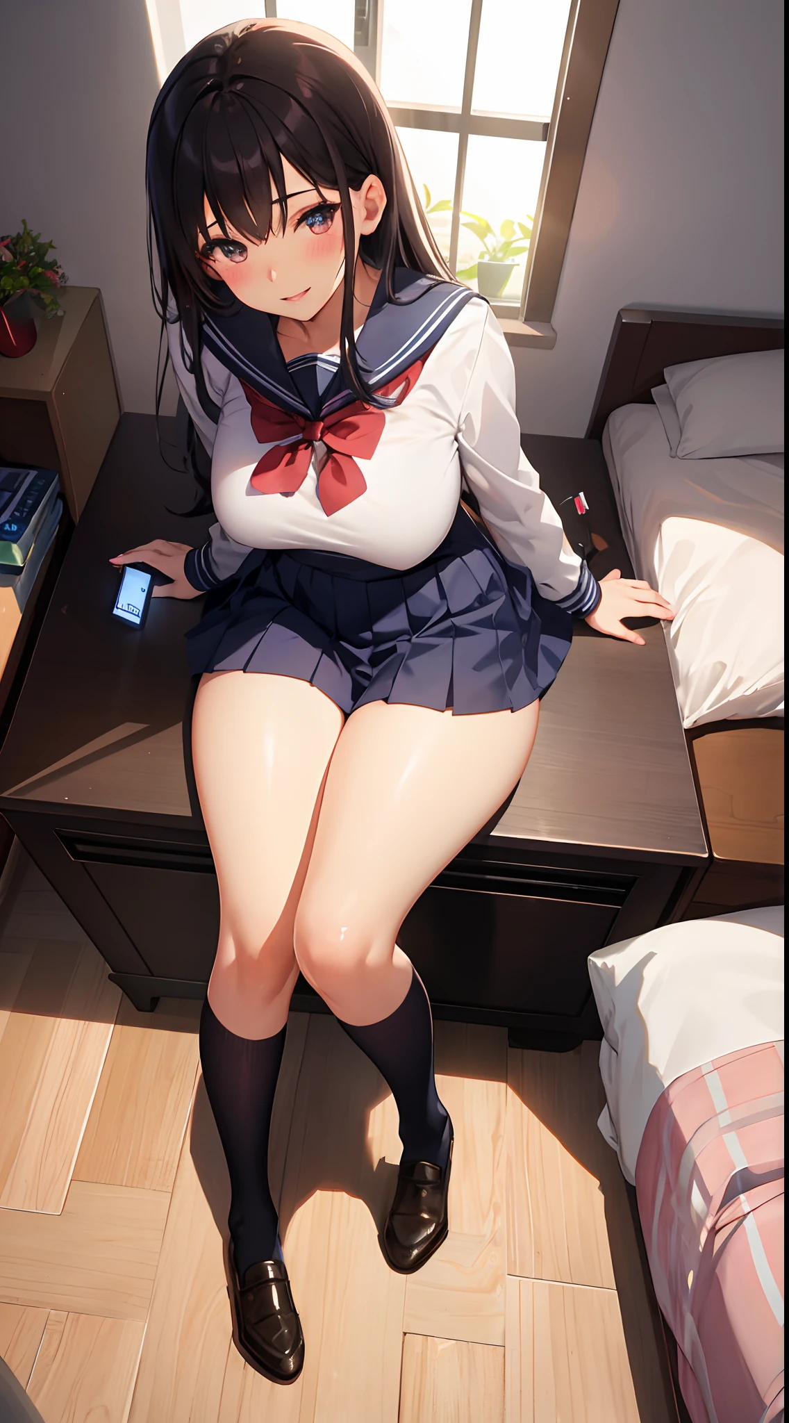 1girl in, Parted lips, blush, makeup, lightsmile, School uniform, Full body, Wide Angle, From  above, crass room, llight rays, Glow, thighs thighs thighs thighs, 鎖骨, Narrow waist, (masutepiece), Wallpaper,Wet body、Micro lingerie that can be seen even over clothes、Drooling、White socks、Open your crotch、Breast bulge