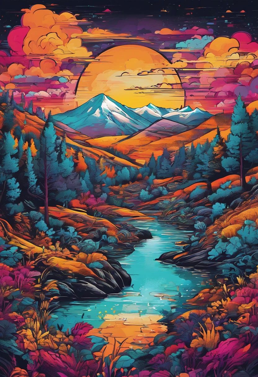 un paysage de montagne nocturne avec rivière, 2d, illustration détaillée manga coloré, cinématographique, 32K, Ultra très détaillé, de beaux détails, vif, couleurs saturées, filigrane détaillé, Petits détails, Contexte complexe, Surréalisme pop