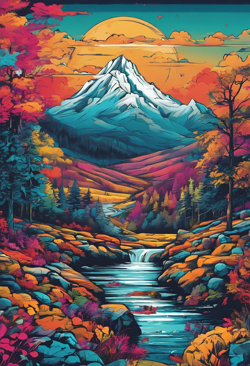 un paysage de montagne nocturne avec rivière, 2d, illustration détaillée manga coloré, cinématographique, 32K, Ultra très détaillé, de beaux détails, vif, couleurs saturées, filigrane détaillé, Petits détails, Contexte complexe, Surréalisme pop