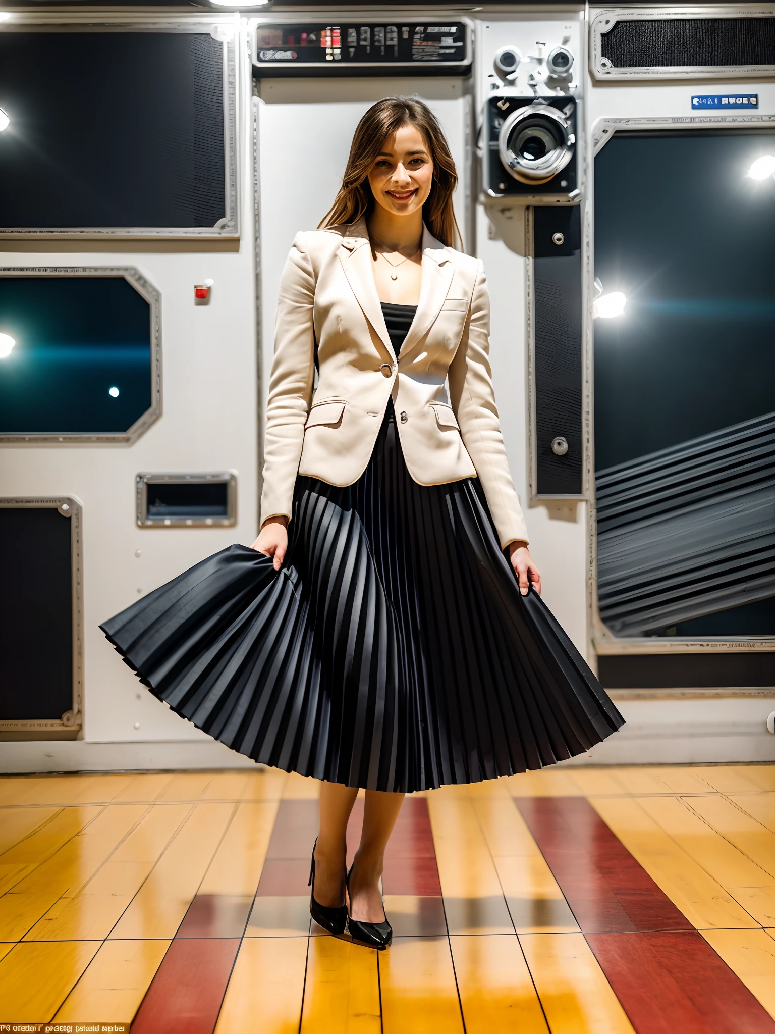(shy:1,3) smiling woman playing with skirt, dancing, wearing short blazer and very very detailed (long (fully pleated) full circle skirt) and (simple) low heeled office shoes, very very intricate hyper-detailed symmetric (attractive graceful young feminine face) with (sad, tired eyes and a shy smile), large breasts, full of empathy and compassion and love, (pronounced (feminine) features), (highly detailed ultra accurate realistic) hands and fingers, (windy conditions and wind blowing), epic composition, highly detailed attributes, highly detailed space station background, (35mm f1.4 Kodak portra 400 photograph), extremely high quality RAW photograph,