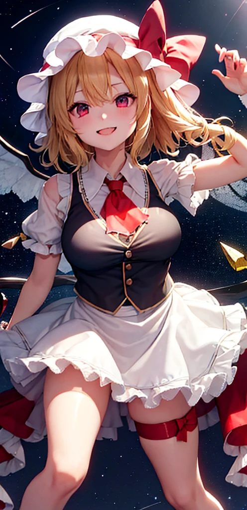 best quality, masterpiece, highres, solo, {night:1.10}, {starry sky:1.10}, beach, beautiful detailed sky, {extremely detailed background:1.20}, {flandre_scarlet_touhou:1.15}, {standing:1.10}, looking at viewer, {bikini:1.30}, blonde_hair, wings, red_eyes, crystal, bangs, hat, one_side_up, ribbon, mob_cap, bow, blush, smile, vest, white_headwear, red_vest, ascot, hair_between_eyes, red_bow, red_ribbon, upper_body, hat_ribbon, yellow_ascot, short_hair, light smile, huge breasts, cleavage