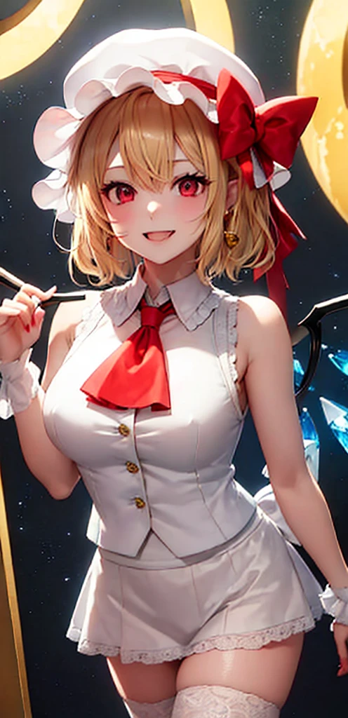 best quality, masterpiece, highres, solo, {night:1.10}, {starry sky:1.10}, beach, beautiful detailed sky, {extremely detailed background:1.20}, {flandre_scarlet_touhou:1.15}, {standing:1.10}, looking at viewer, {bikini:1.30}, blonde_hair, wings, red_eyes, crystal, bangs, hat, one_side_up, ribbon, mob_cap, bow, blush, smile, vest, white_headwear, red_vest, ascot, hair_between_eyes, red_bow, red_ribbon, upper_body, hat_ribbon, yellow_ascot, short_hair, light smile, huge breasts, cleavage