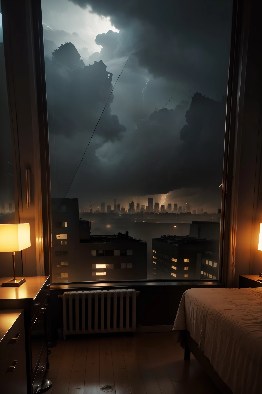 design chambre post apocalyptique avec un mood reposant, having a view of a zombie-filled city through the window rainy stormy night time