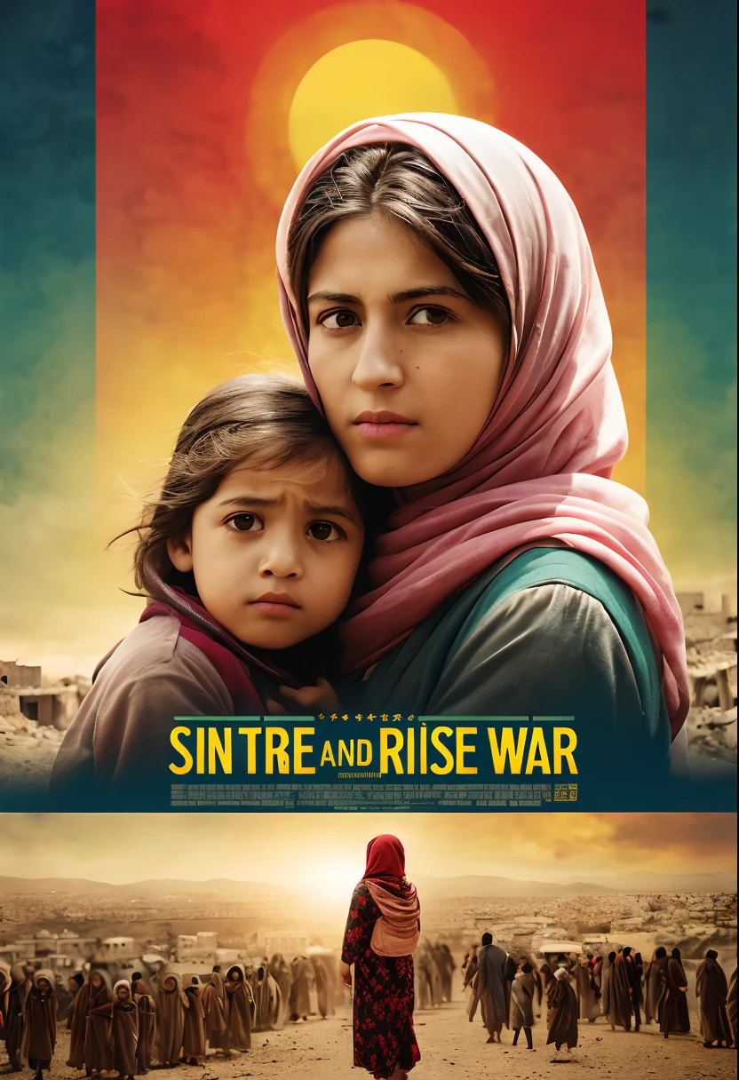 ((cinematic ligh《Hope for Palestine to rise》poster for, 80s movie poster,A young mother,Behind her are a group of innocent children。The mother's eyes revealed firmness and responsibility,Her face was filled with worries and hopes for the future。She wrapped her arms around the child,As if silently protecting them from war。In the background is a ruined city ruins,Scenes of disaster left behind by the war。Sin embargo,A faint but determined light rose from the ruins,It symbolizes hope and rebirth。The light is cast on the mother and the child,Give warmth and comfort,As if to tell the audience even in the darkest moments,We can still find hope and strength。The tones of the whole picture will be deep blues and grays,It represents the gloom and sorrow of war。Sin embargo,Mothers and children are dressed in bright colors,It represents the vitality of life and the yearning for a better future。At the bottom of the screen,The name of the film is printed in a concise and powerful English font:“hope rises in palestine”。This not only represents the theme of the film,It is also an appeal to the audience:Let's work together,Let hope rise in war)),title, and credits, A high resolution, Ultra-detailed, Vivid colors, Dramatic lighting, Realistic, sportrait, Bokeh, Cinematic, CreativeDesign, Intense atmosphere, Dark background, suspenseful, shadowy figures, Melancholy tone, Excellent typography, Artistic composition, Dynamic angles, Contrasting colors, Depth of field, striking visual effects, Strong emotions, Haunting images, captivating visuals, Atmospheric settings, theatrical, mystical ambiance, delicate craftsmanship, Real Persono, intriguing narrative, Professional artwork, Engaging storyline, mystical expressions, Cinematic style, Thought-provoking symbolism, Engaging poster design, Iconic visuals, Intelligent execution, Visually stunning, Visual appeal, attention-grabbing, memorable, Reminiscent of classic movie posters,