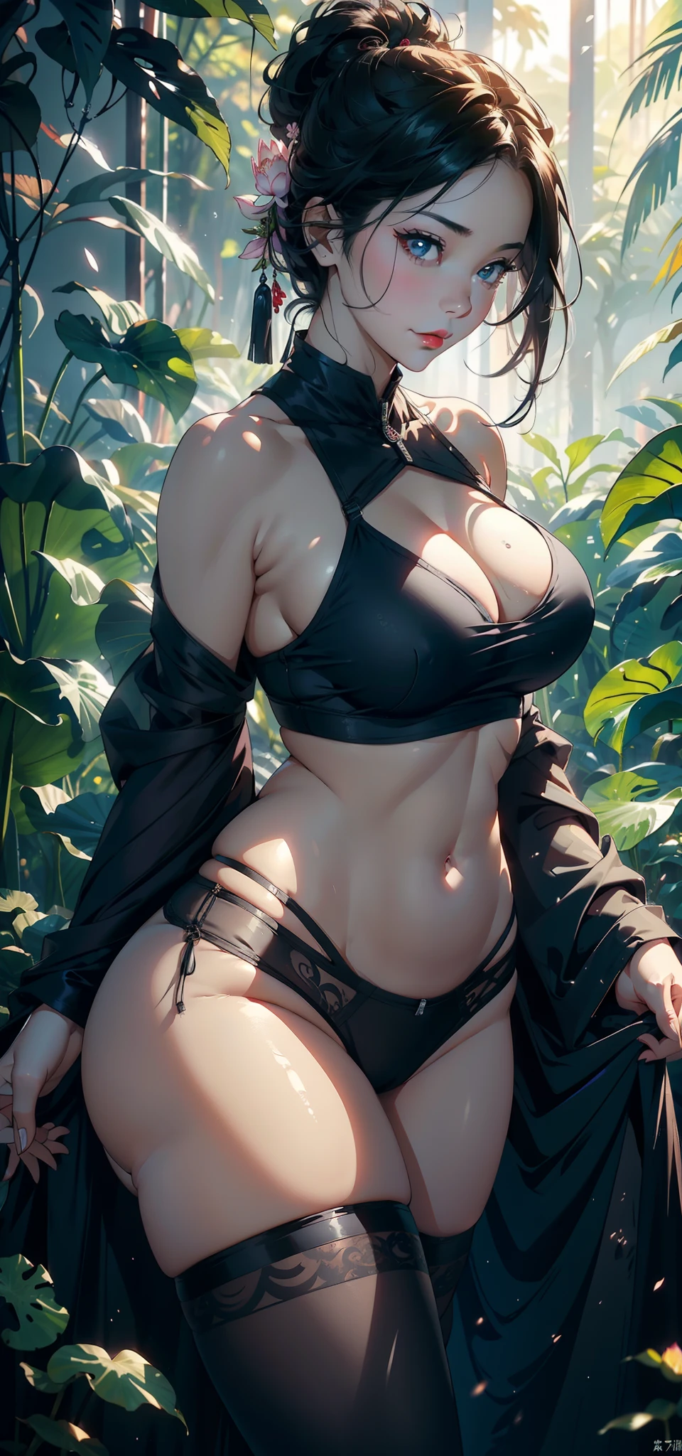 1female，45 yers old，plumw，extremely large bosom， A MILF，Married Woman，独奏，（Background with：the rainforest，lotus flower，Ground area water） She has very short black hair，bobo head，Stand deep in the forest，seen from the front， hair straight， mostly cloudy sky，（（（tmasterpiece），（Very detailed CG unity 8K wallpaper），best qualtiy，cinmatic lighting，detailed back ground，beatiful detailed eyes，Bright pupils，黑The eye，Snow-whiteskin，Redlip（Very fine and beautiful），（Beautiful and detailed eye description），ultra - detailed，tmasterpiece，））facing at camera，A high resolution，ultra - detailed），extremely large bosom，A sagging breast，  Bulge，legs are open，Raised sexy，Camel toes，Flushed complexion，Desire for dissatisfaction，frontage，athlete（Wearing：Green yoga pants）