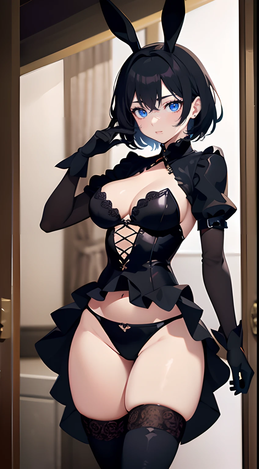 extra detailed face,Top image quality、Black Bunny Girl、entrance、dealer、A dark-haired、Black lace gloves、Outstanding style、Sexy thighs,exposing the abdomen ,((Clothes with less fabric)),photographrealistic、short-hair、