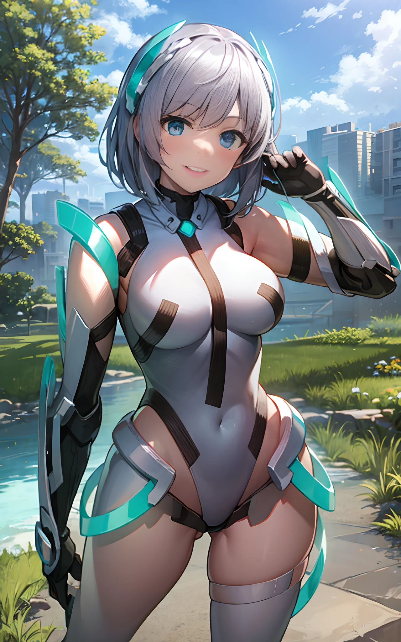 light smile, deva battle suit, outdoors, silver hair, bobhair, blue eyes, waistshot