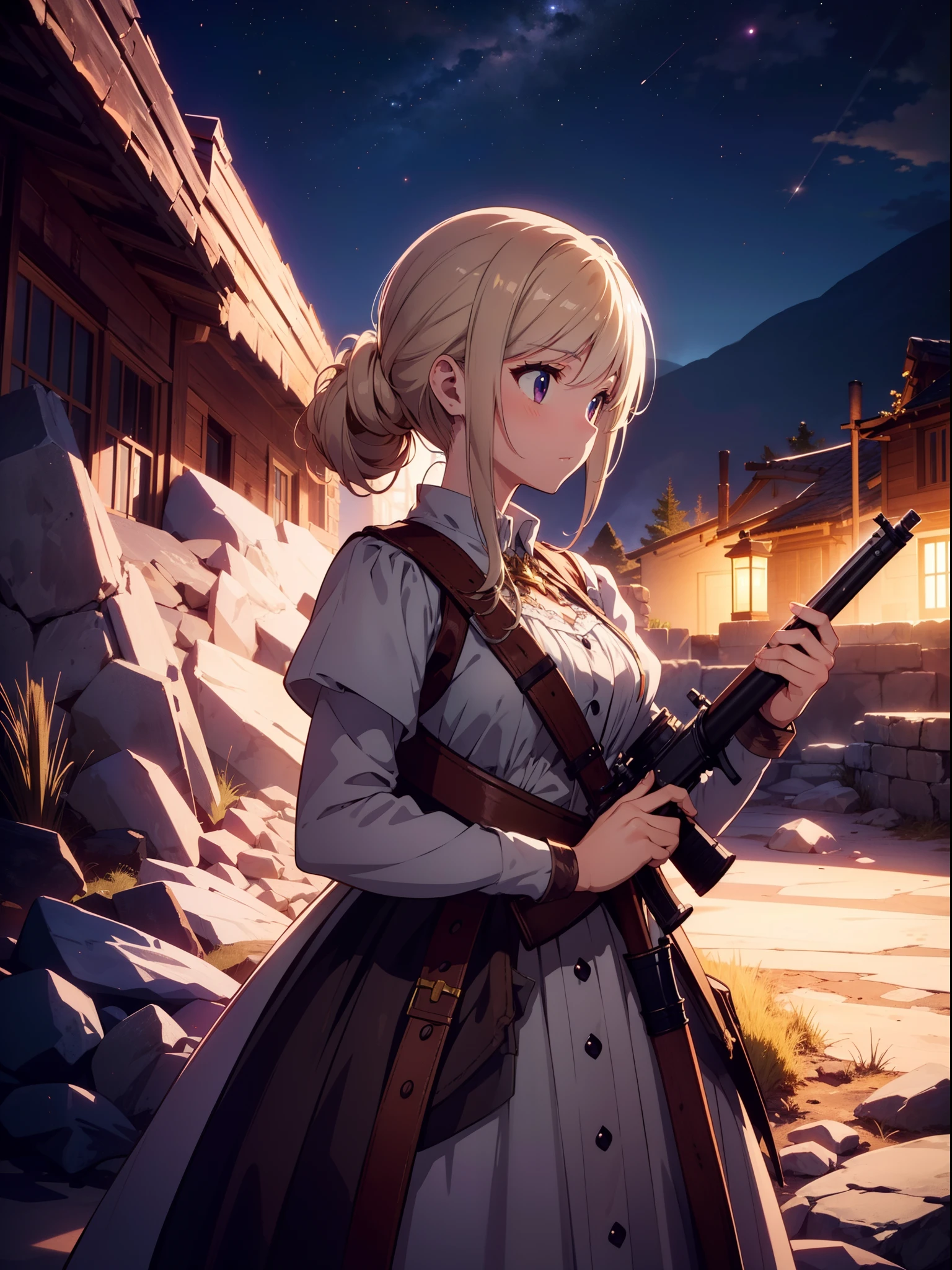 1 cute girl, (holding musket gun), rustic armor, dress ,cowboy shot , character focus , cinematic lighting, (dark lighting), night , chignon, ((masterpiece)), ((best quality)), ((ultra-detailed)), (illustration), ((an extremely delicate and beautiful))